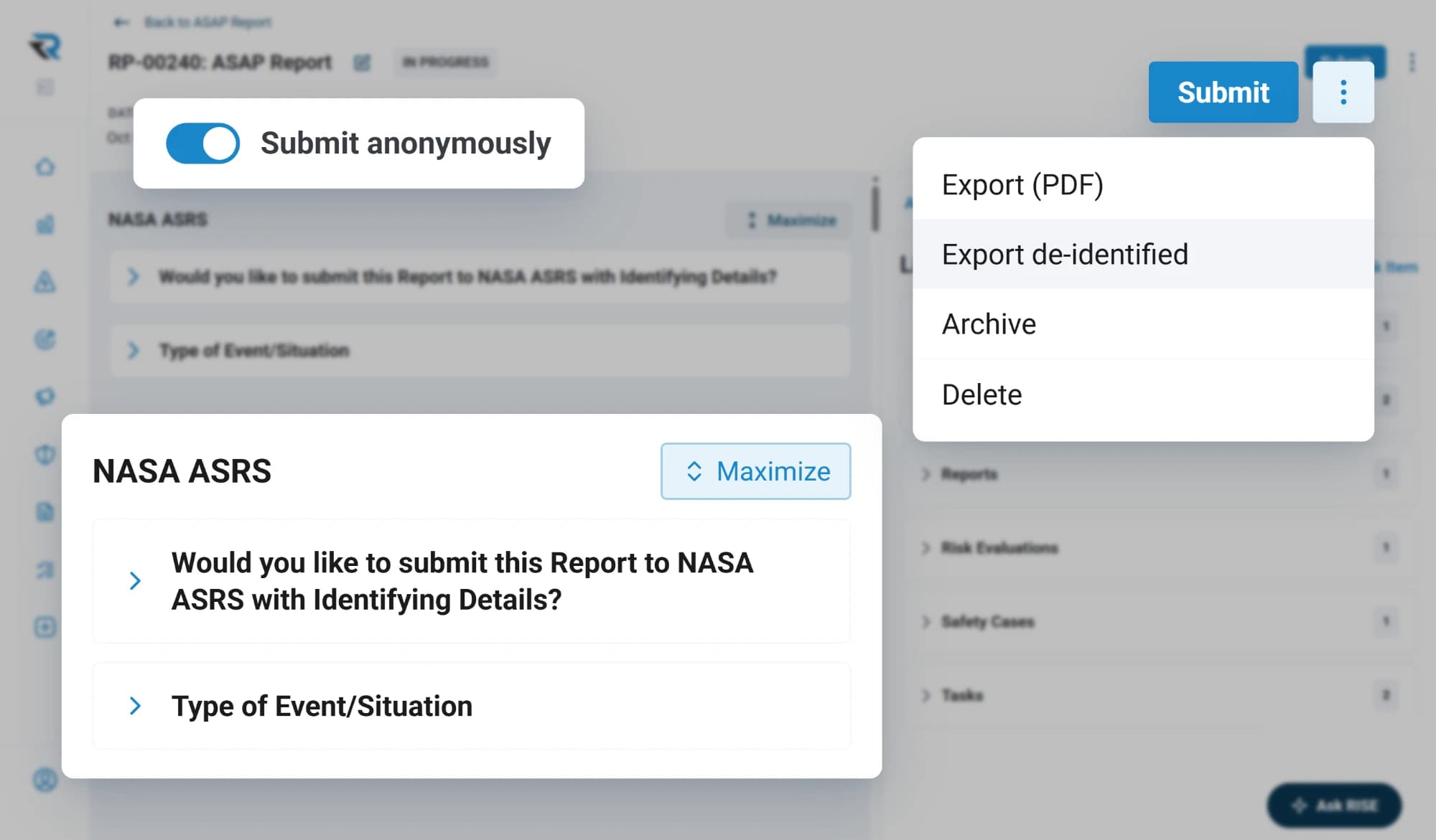 An ASAP report being filed with the Submit anonymously toggle on, its NASA ASRS section asking whether to submit with identifying details, and a menu offering a de-identified export