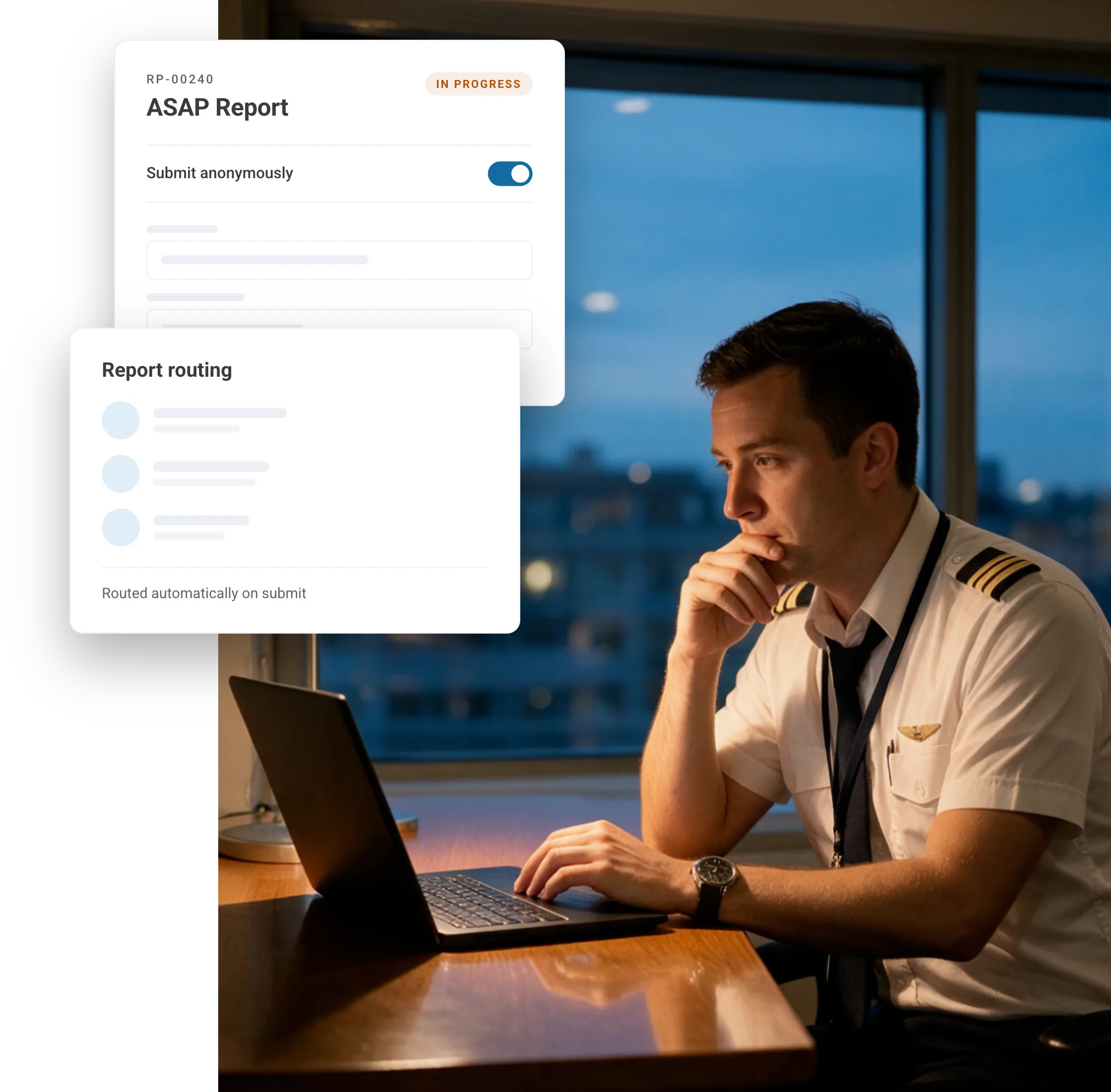 A first officer filing an ASAP report on a laptop at the end of a duty day, with the report's anonymous submission toggle and its routing shown beside