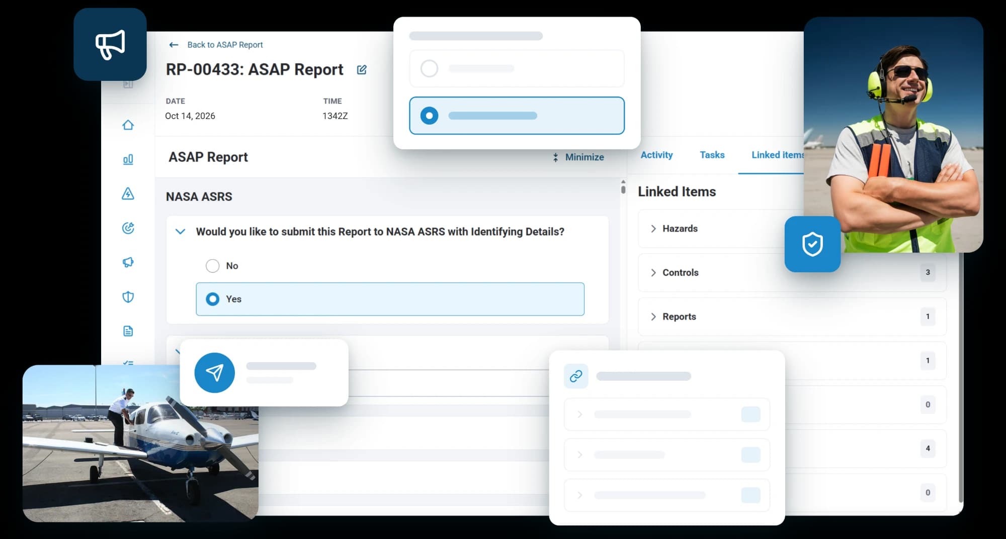 An ASAP report in RISE with the reporter choosing to send it to NASA ASRS with identifying details, linked to its hazards, controls and reports, beside a ramp worker in a headset and a pilot boarding a light aircraft