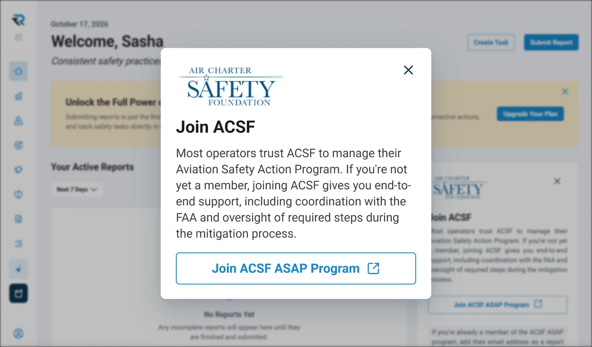 The Join ACSF prompt in RISE, with the Air Charter Safety Foundation mark, describing its support with FAA coordination and oversight of the mitigation process, and a link to its ASAP program
