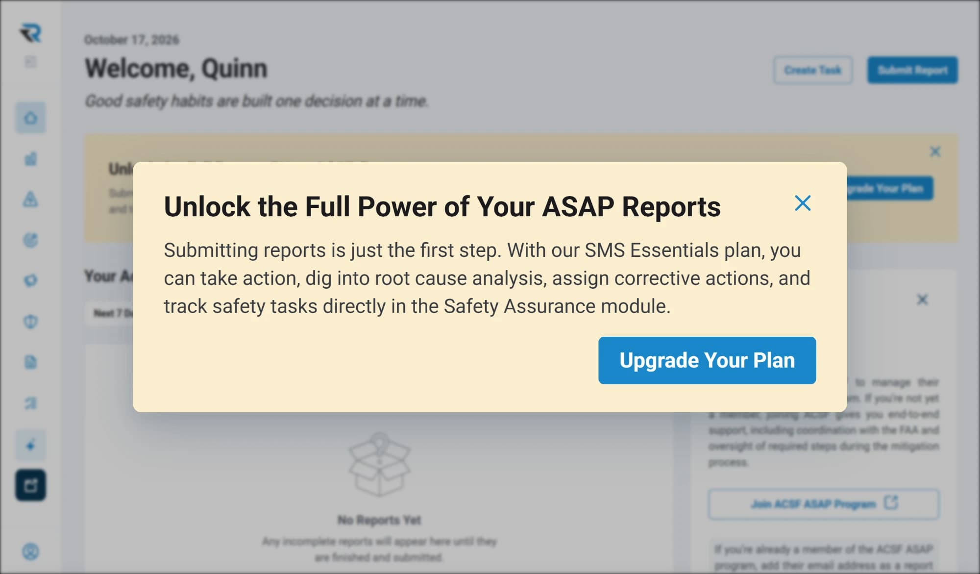 The in-app prompt to unlock the full power of ASAP reports, explaining that SMS Essentials adds root cause analysis, corrective actions and safety task tracking in the Safety Assurance module, with an Upgrade Your Plan button