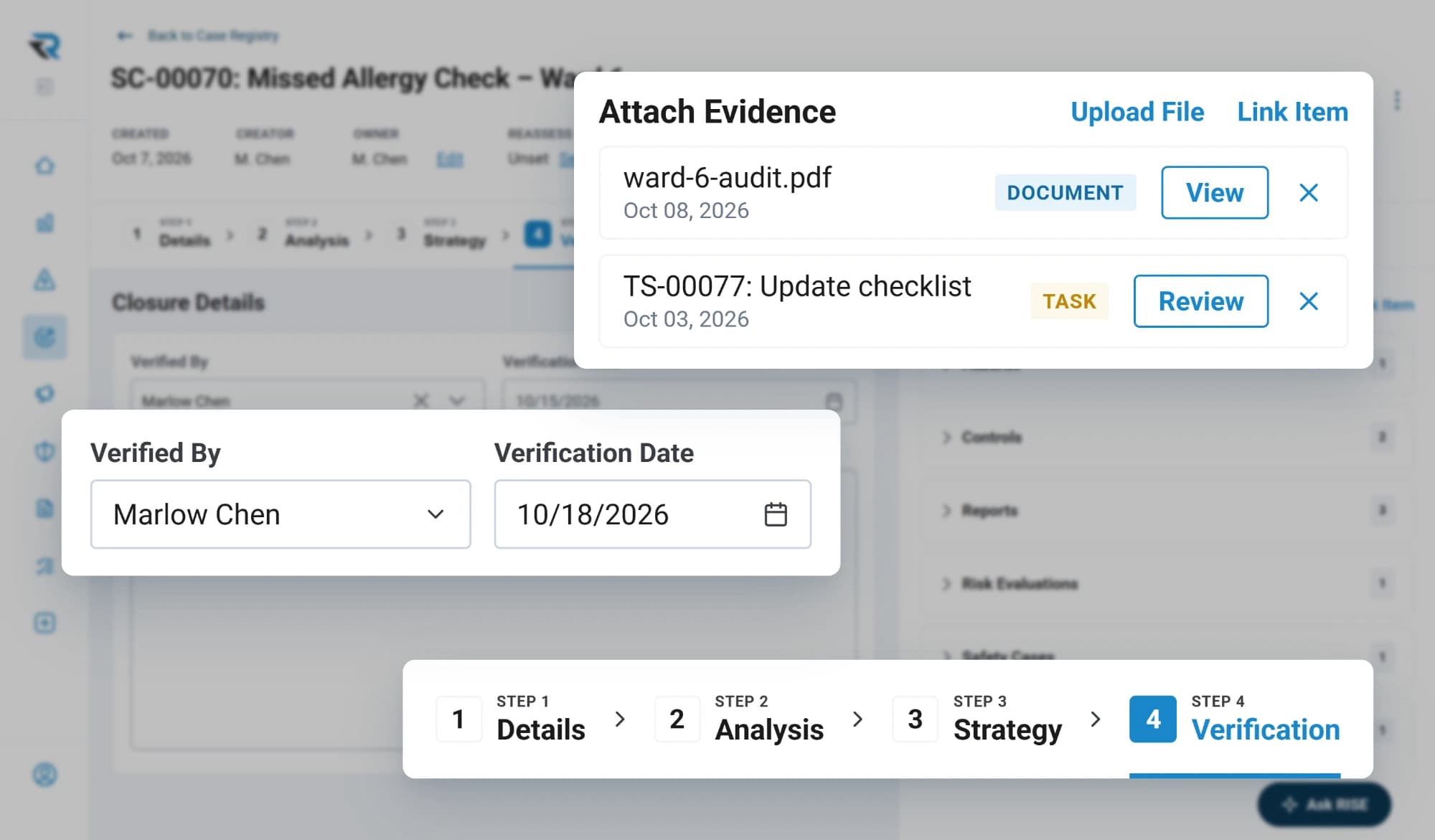 A missed allergy check case at its verification step: verified by Marlow Chen with a date, with a ward audit and the checklist update task attached as evidence