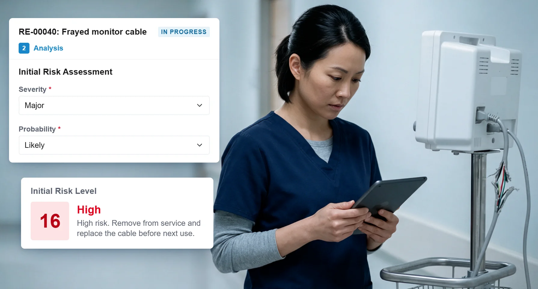 A risk evaluation in RISE for a frayed monitor cable at its analysis step, with severity Major and probability Likely giving an initial risk level of High 16, beside a staff member in scrubs reading a tablet next to a patient monitor with a frayed cable