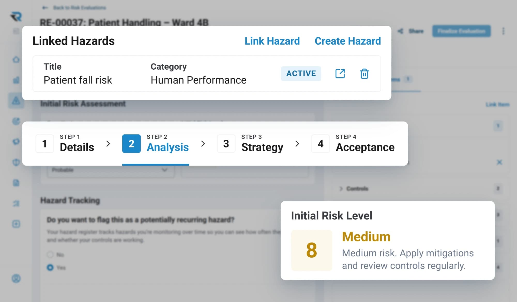 A patient handling risk evaluation for Ward 4B at its analysis step, with an initial risk level of Medium 8 and the linked hazard of patient fall risk