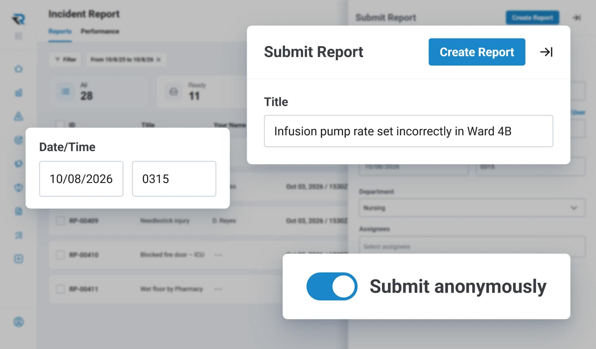 Submitting an incident report titled Infusion pump rate set incorrectly in Ward 4B, with its date and time and the Submit anonymously toggle switched on