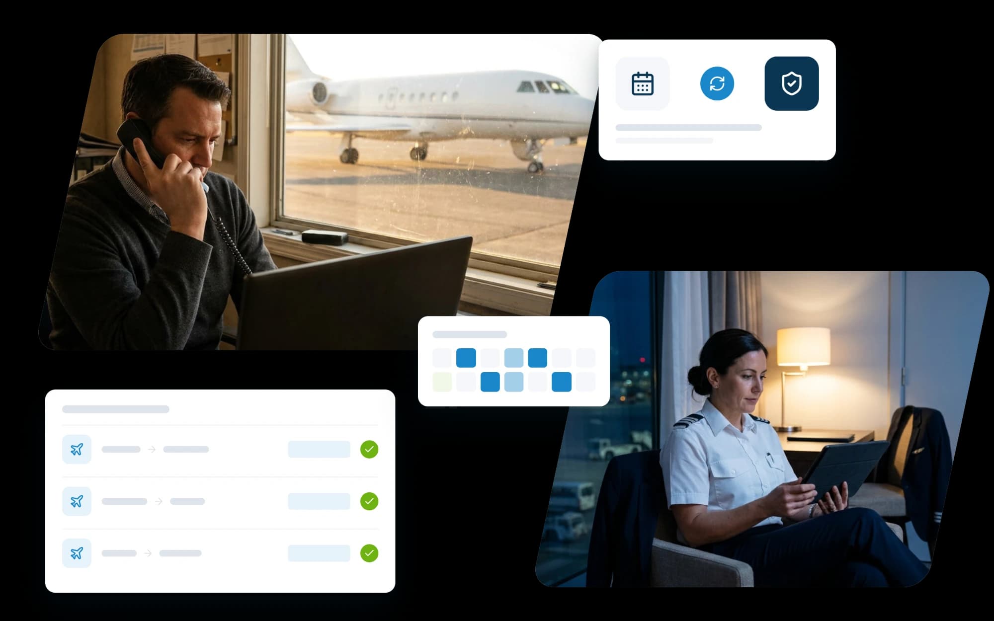 A dispatcher on the phone at a window overlooking a business jet, and a pilot reading a tablet in a hotel room, beside cards for a synced schedule and a list of trips each with its assessment complete