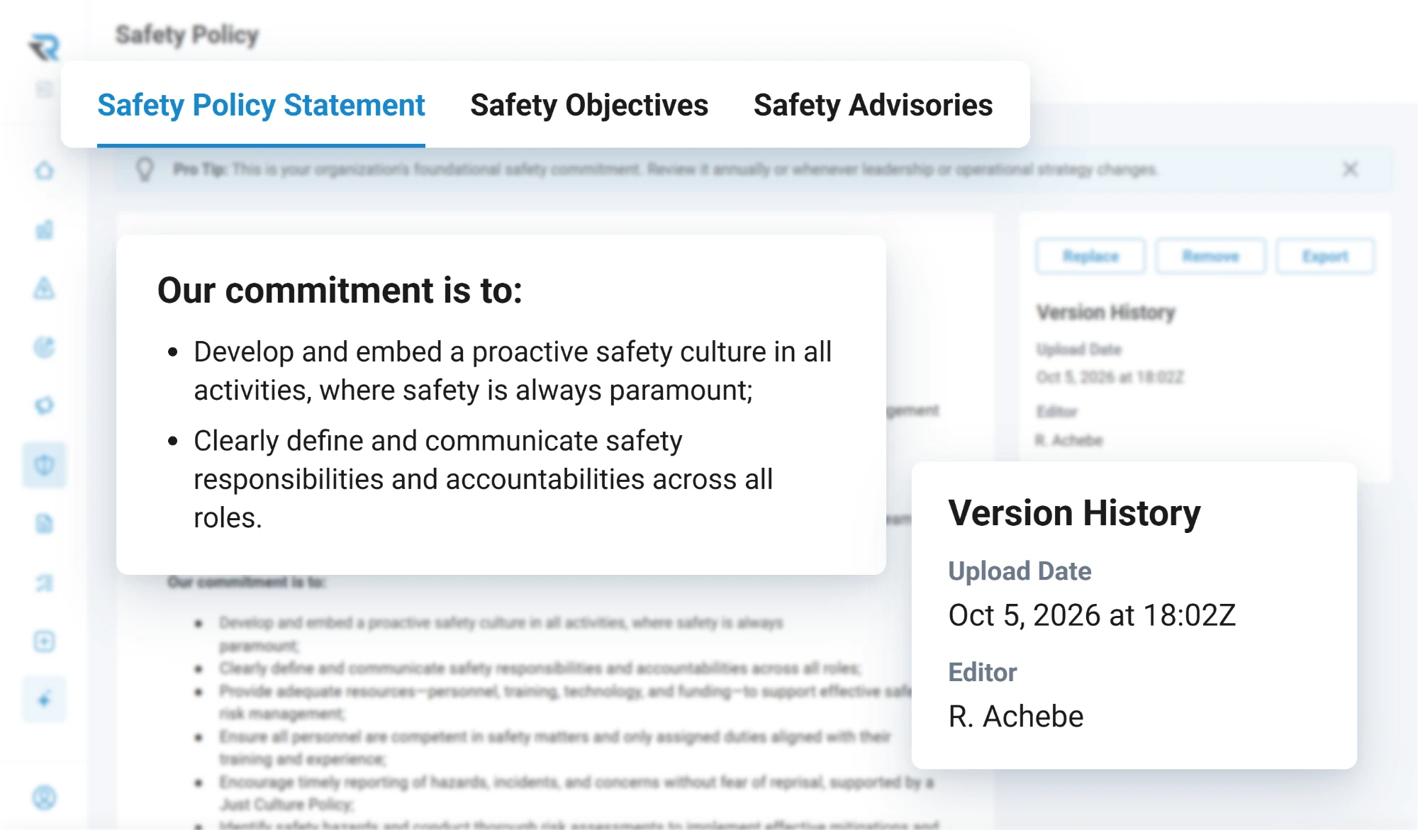 A safety policy statement in RISE with its commitments, starting with embedding a proactive safety culture and defining safety responsibilities across all roles, and its version history showing the last editor and upload date