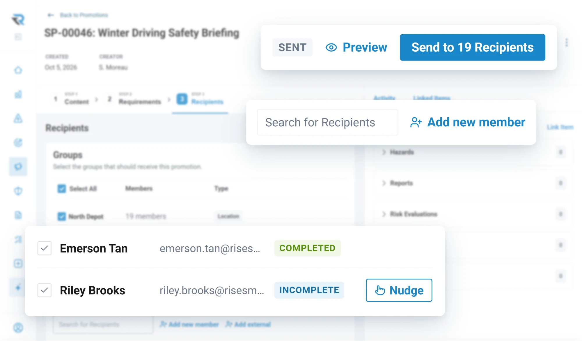 A winter driving safety briefing sent to 19 recipients, tracked per person: Emerson Tan completed, Riley Brooks incomplete with a button to nudge
