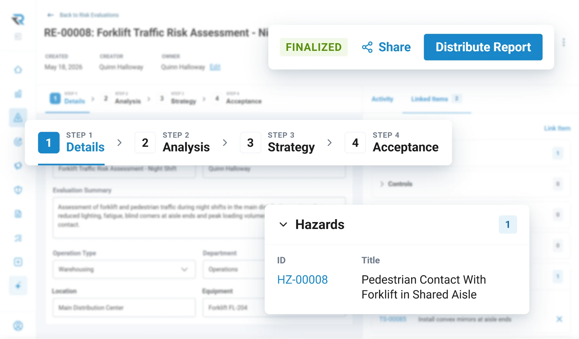 A finalized forklift traffic risk evaluation with its four steps from details to acceptance, linked to the hazard of pedestrian contact with a forklift in a shared aisle, ready to distribute