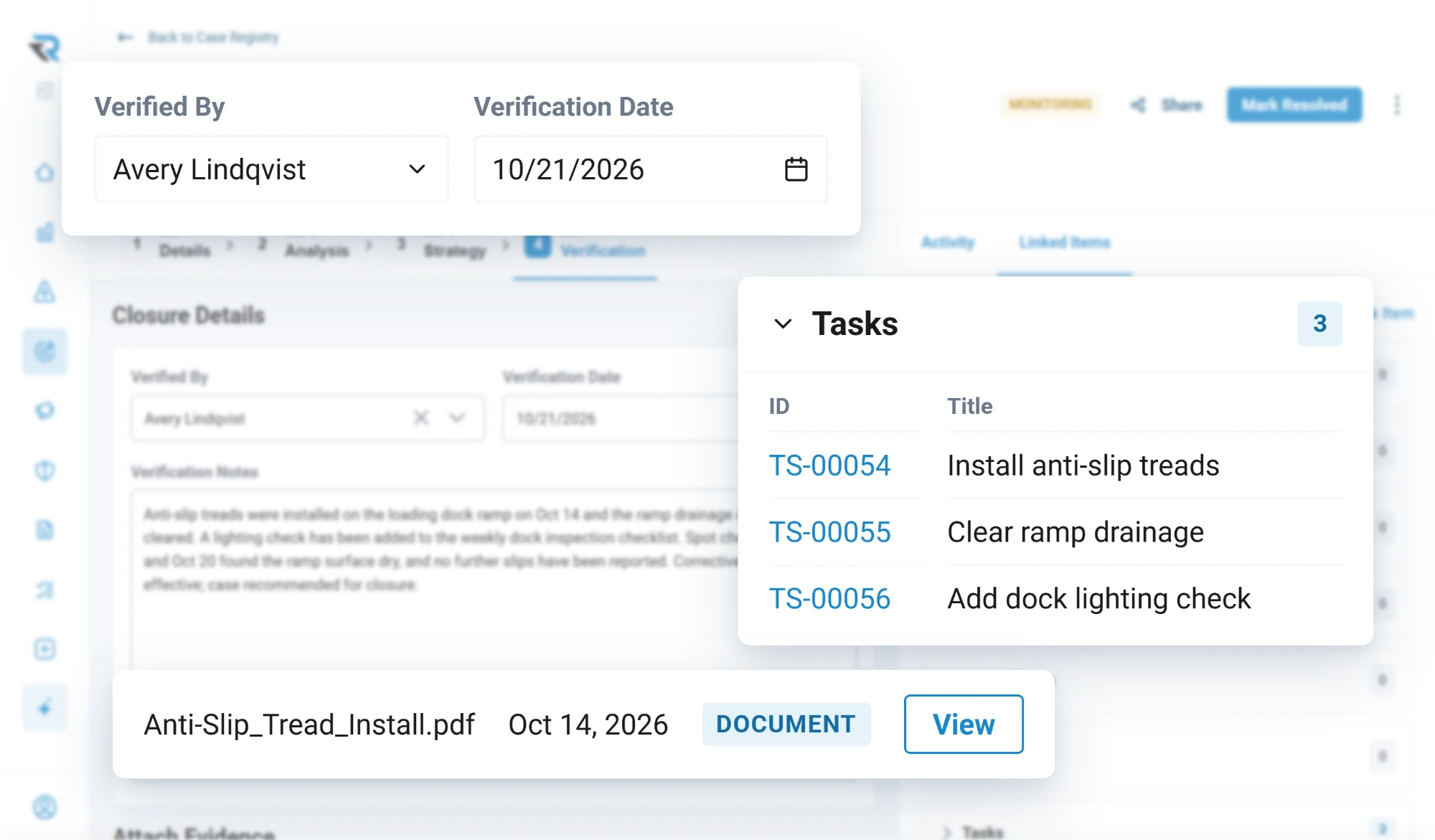 A safety case at its verification step: verified by Avery Lindqvist with a date, its three corrective tasks for anti-slip treads, ramp drainage and a dock lighting check, and the tread installation record attached as evidence