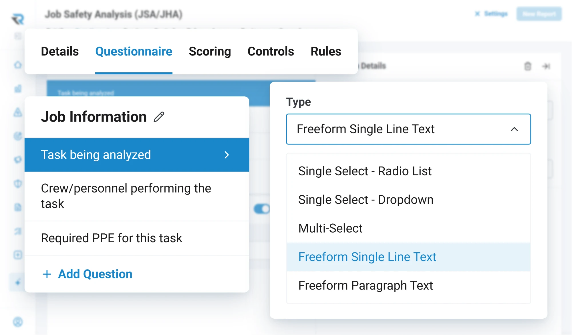Building a job safety analysis form: the Job Information section's questions, with the question type list open on choices from radio list to paragraph text