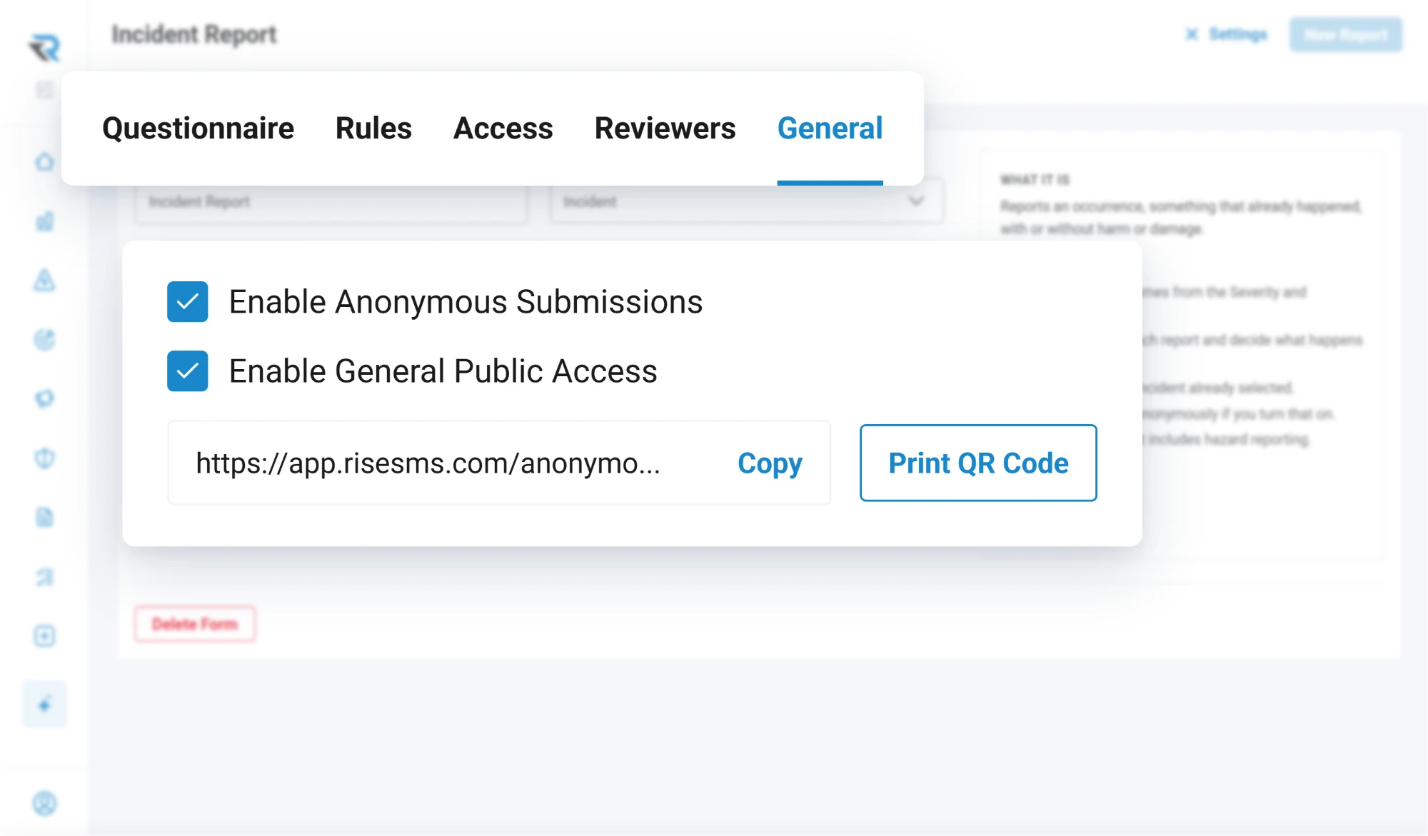 A form's general settings: anonymous submissions and general public access turned on, with its public link, a copy button and Print QR Code