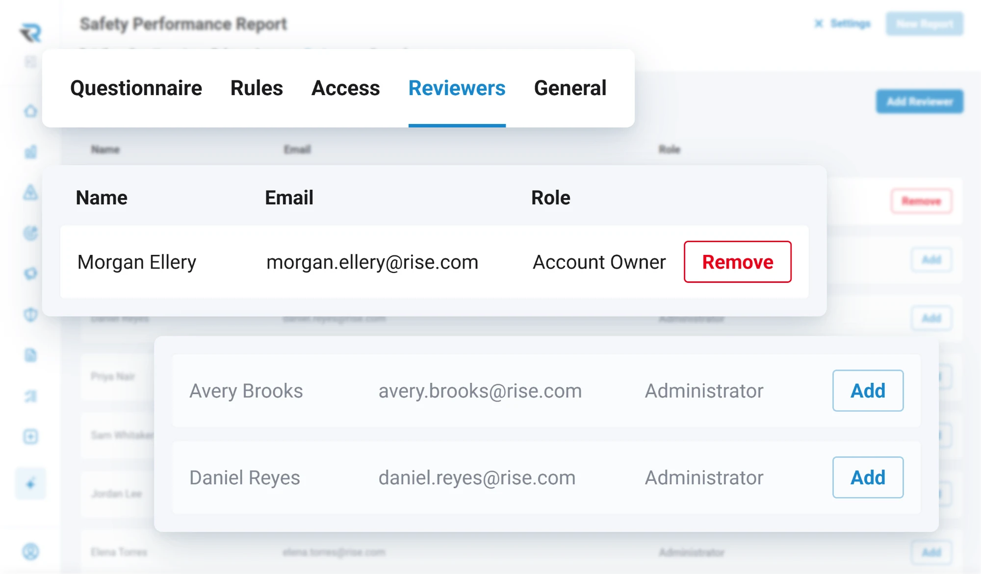 A form's Reviewers tab: the account owner set as reviewer, with two administrators ready to add