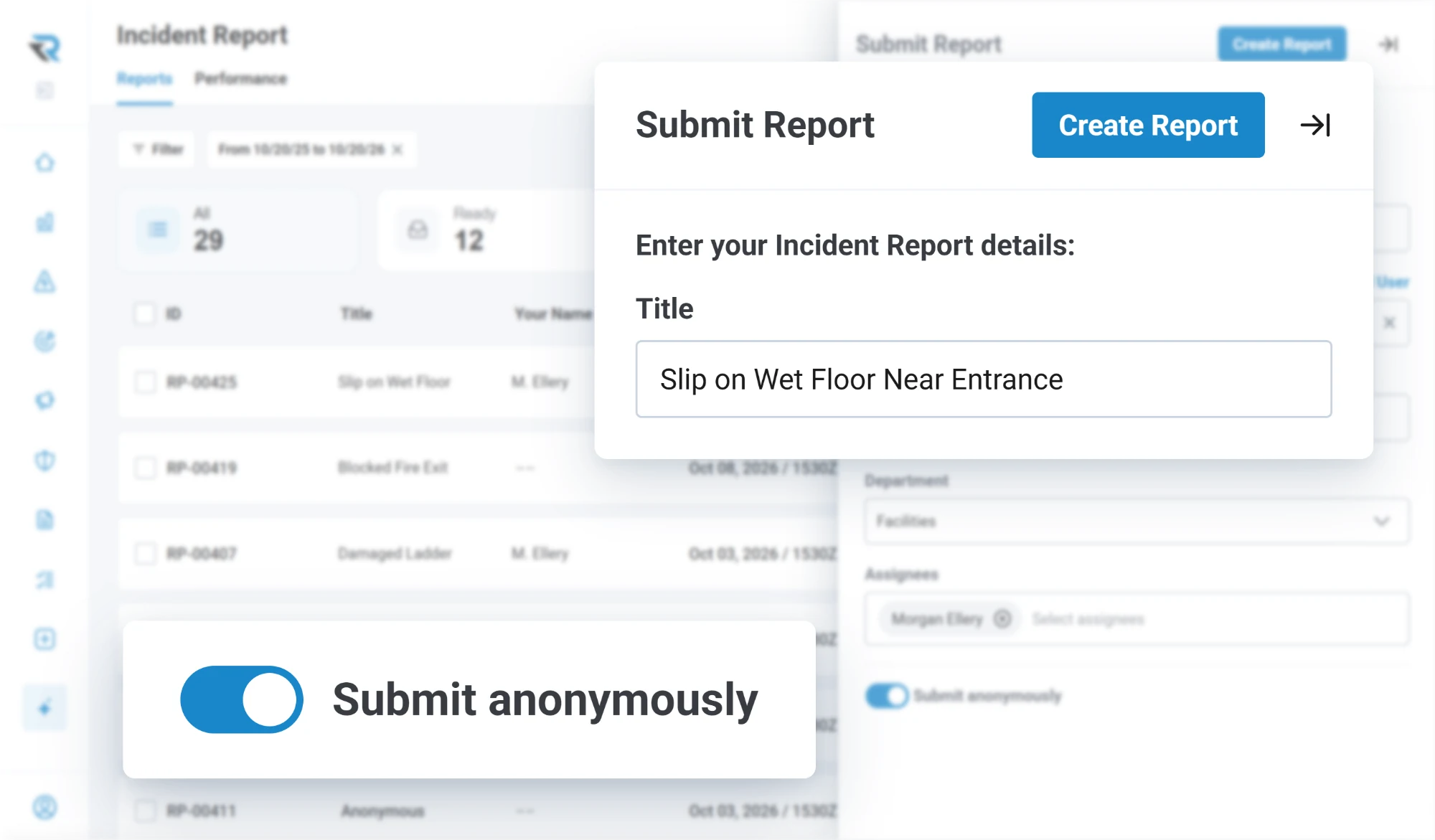Submitting an incident report titled Slip on Wet Floor Near Entrance, with the Submit anonymously toggle switched on