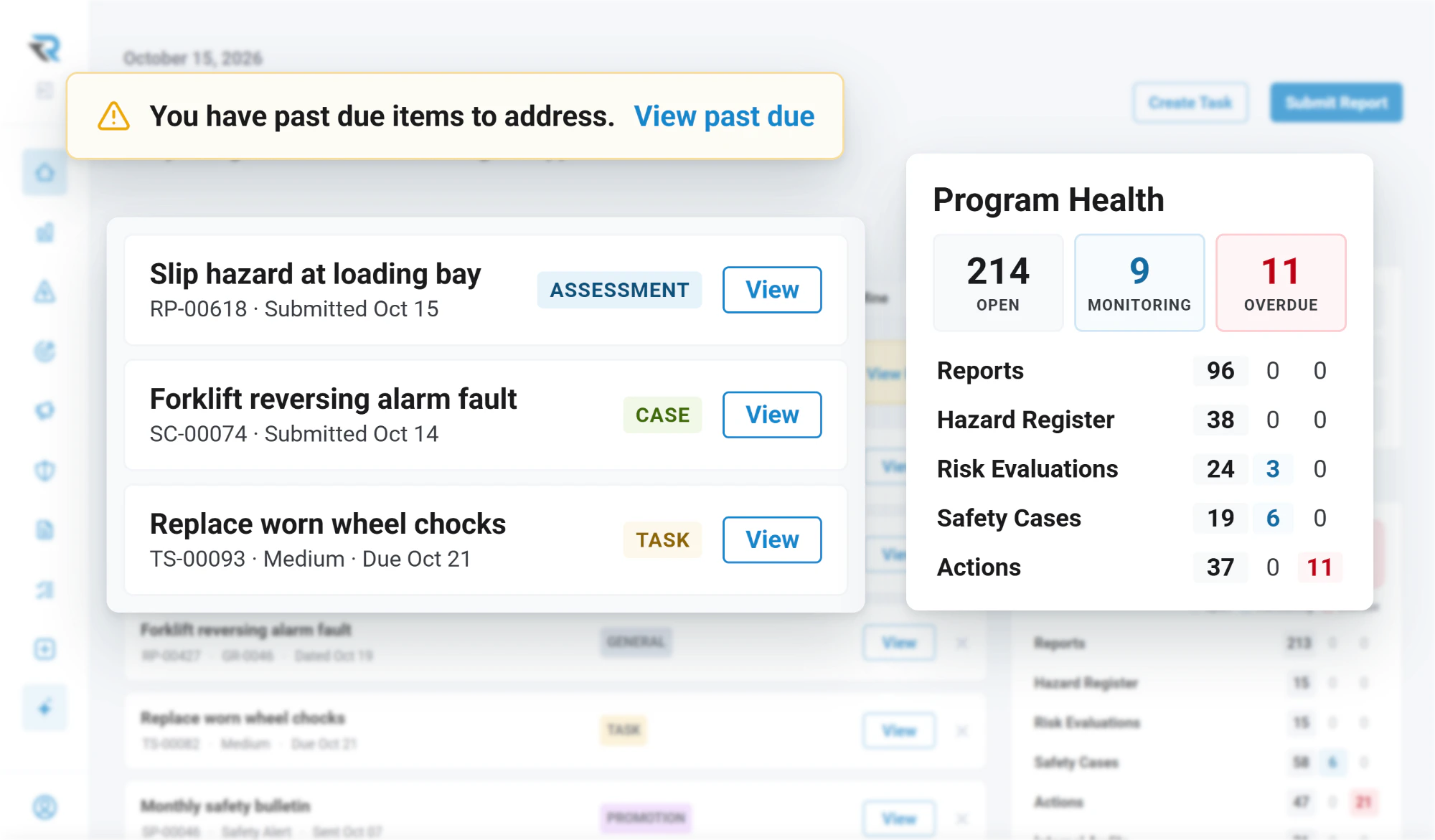 The RISE workspace home in use: a notice of past due items, a slip hazard assessment, a forklift case and a task to review, and Program Health counts of open, monitoring and overdue items by module