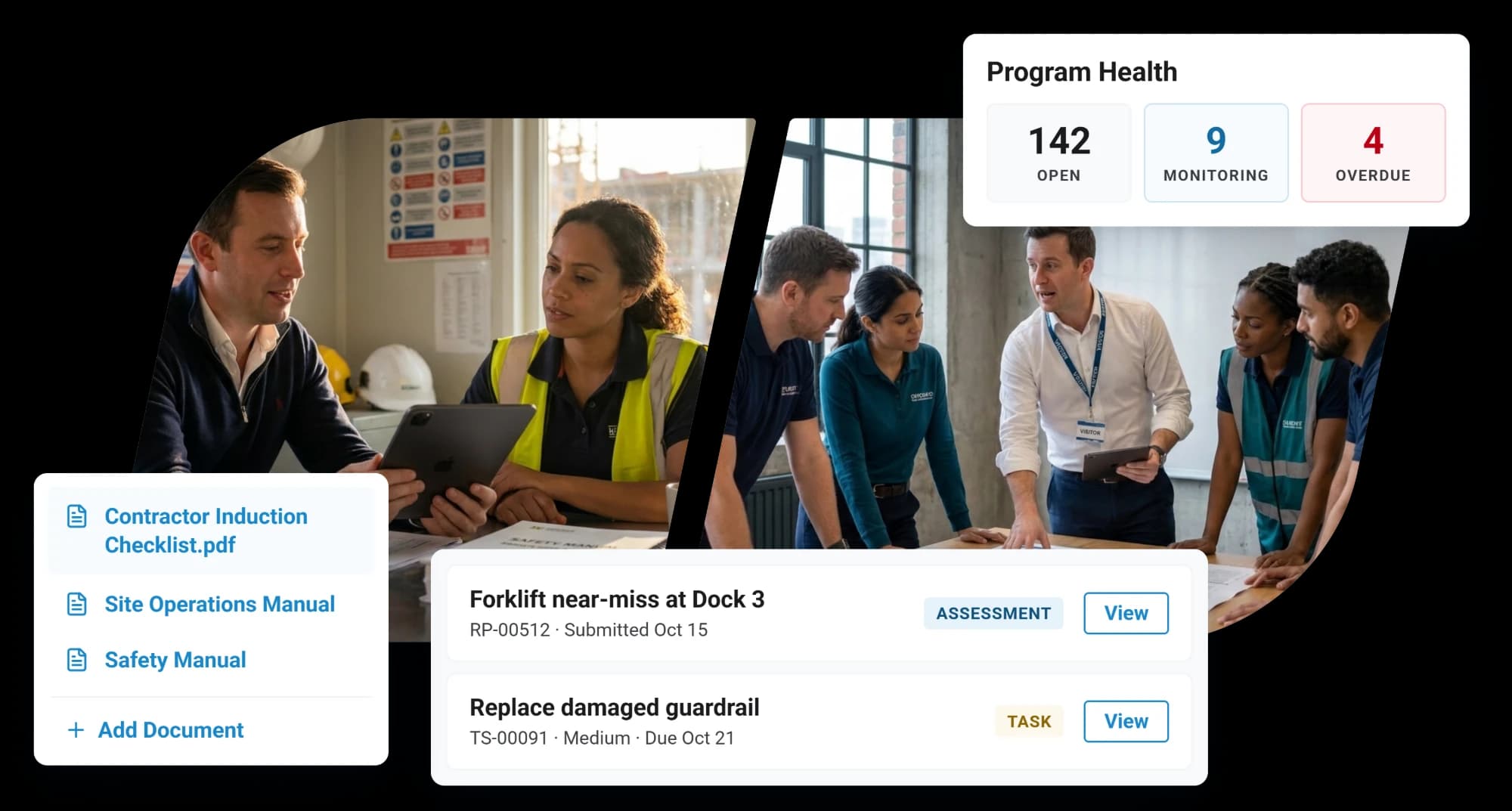 Safety consultants working with client teams, one going through a tablet with a site worker and one leading a team around a table, beside the RISE document library, Program Health counts, and a near-miss assessment and a task to review