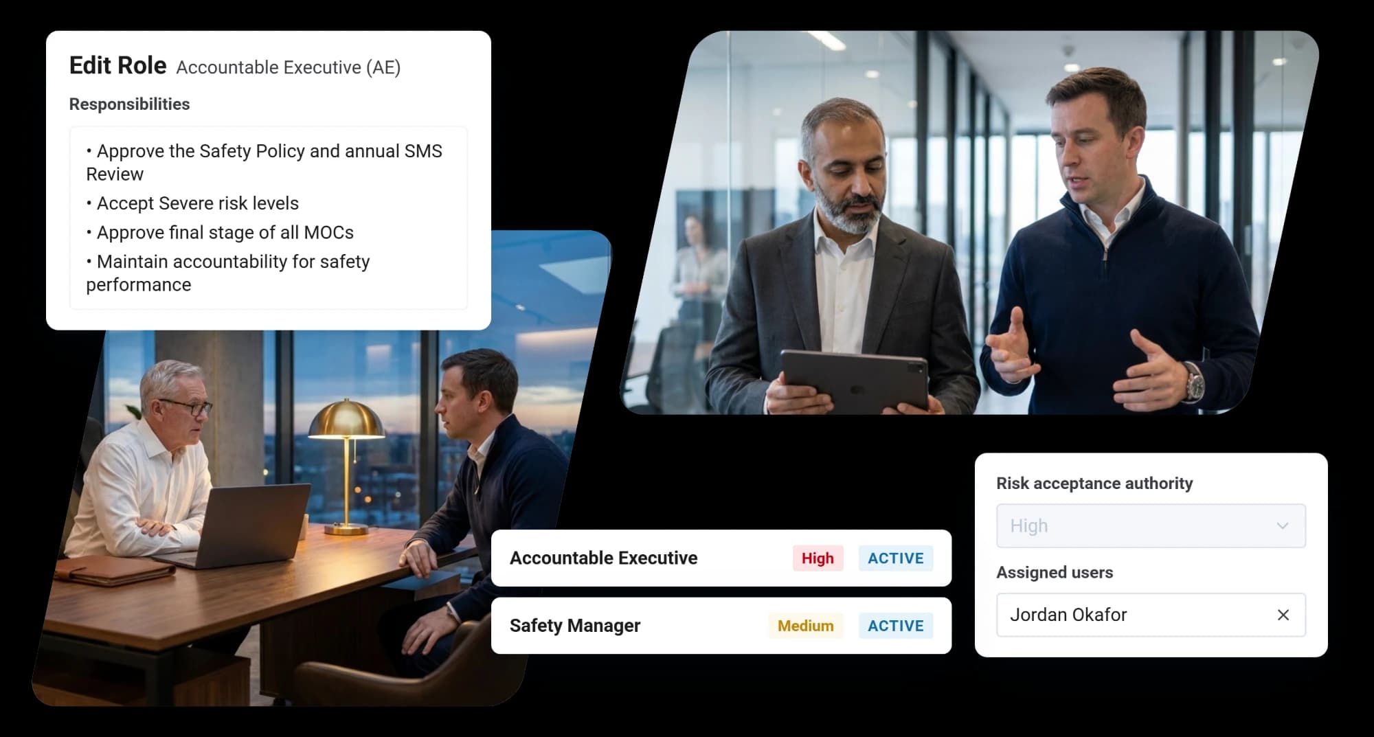 The Accountable Executive role in RISE with its responsibilities and a High risk acceptance authority, set above the Safety Manager's Medium, beside senior leaders being briefed at a desk and in an office corridor