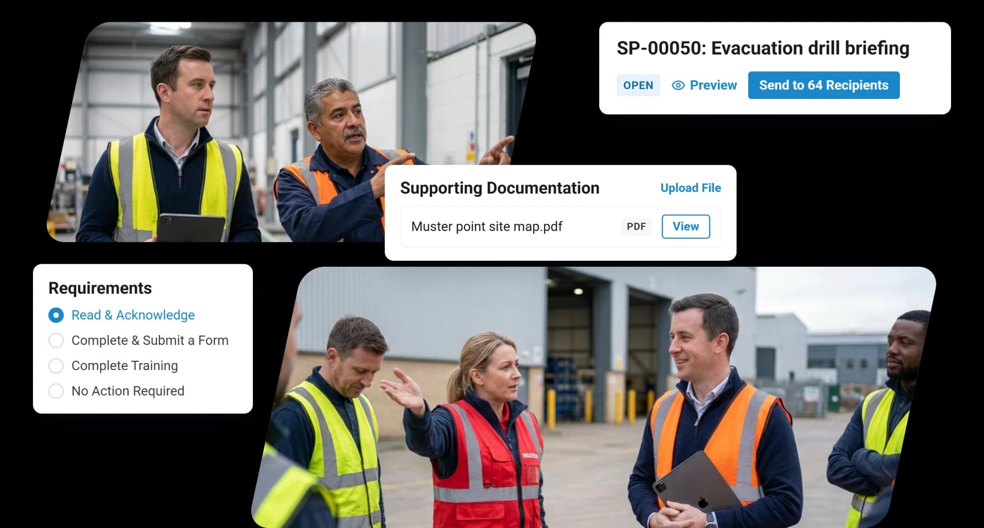 An evacuation drill briefing in RISE ready to send to 64 recipients, set to read and acknowledge, with the muster point site map attached, beside a site team and a fire warden walking through the evacuation outside a warehouse
