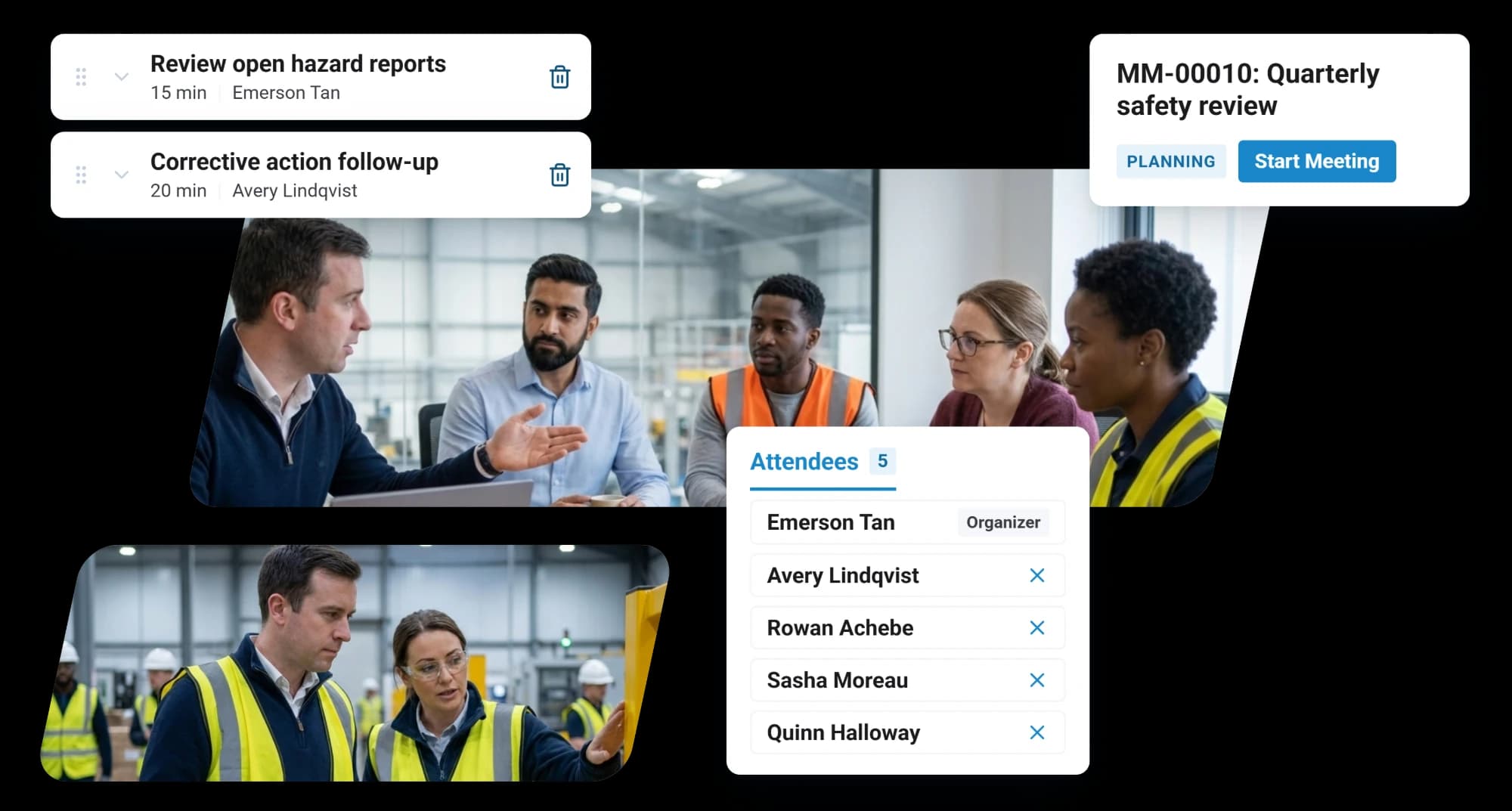 A quarterly safety review being planned in RISE, with hazard report and corrective action items on the agenda and five attendees, beside a team meeting on a warehouse floor and two leads in hi-vis walking the site