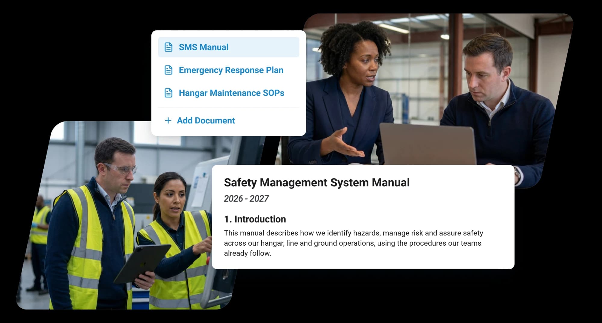 An SMS manual in the RISE manuals library beside the emergency response plan and hangar maintenance SOPs, its introduction describing hazards and risk across hangar, line and ground operations, beside a safety lead and a technician in a hangar workshop and two colleagues reviewing at a laptop