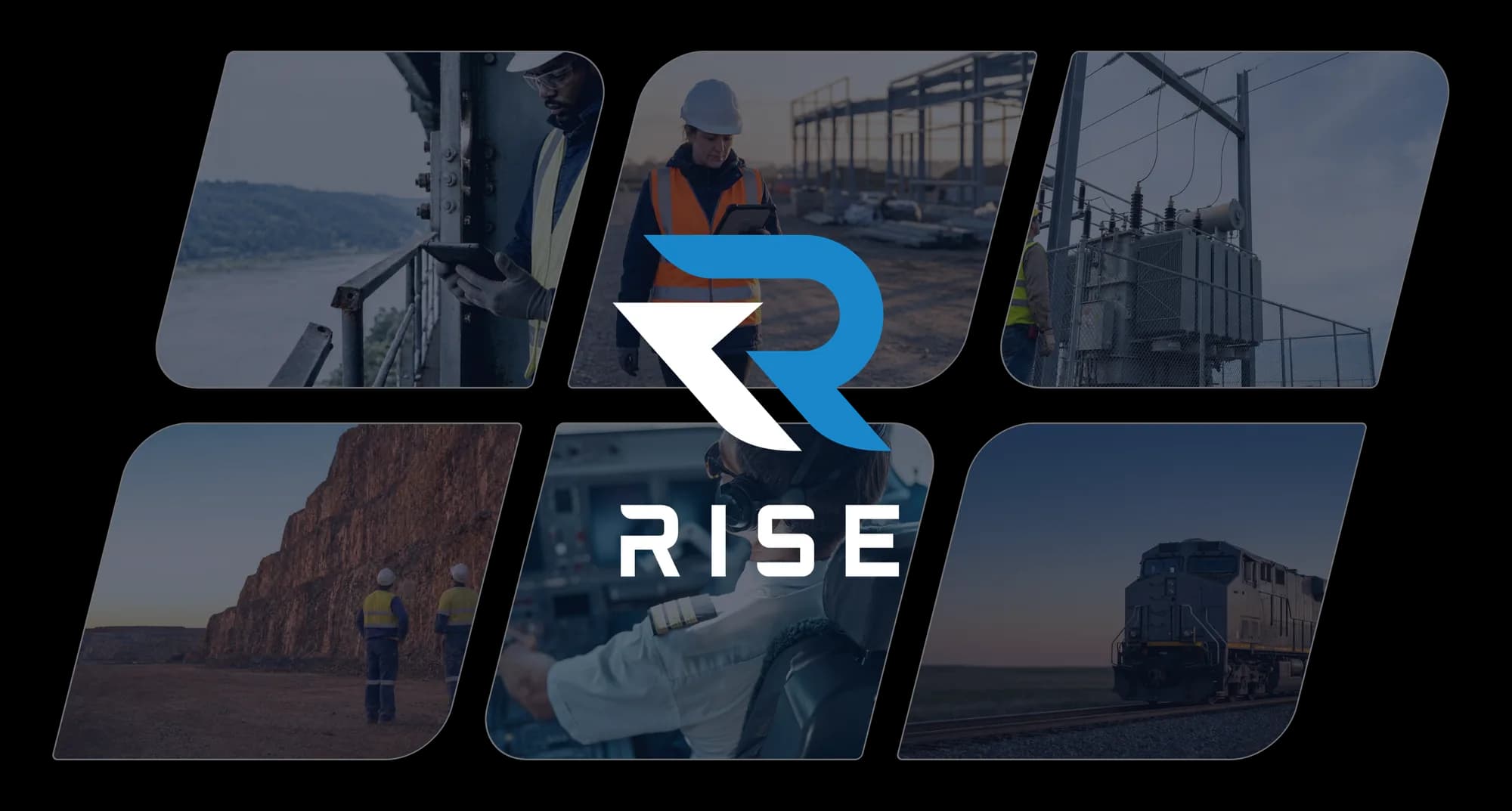 The RISE mark over people at work: a site lead with a tablet on a steel frame build, a worker at a substation, two miners at a rock face, a pilot in the cockpit, an inspector on a structure and a freight locomotive