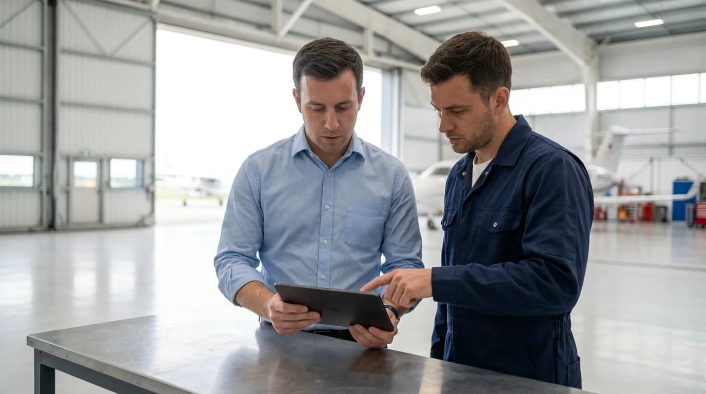 A consultant and an engineer in coveralls going through a tablet together at a workbench in a hangar, a business jet parked behind them