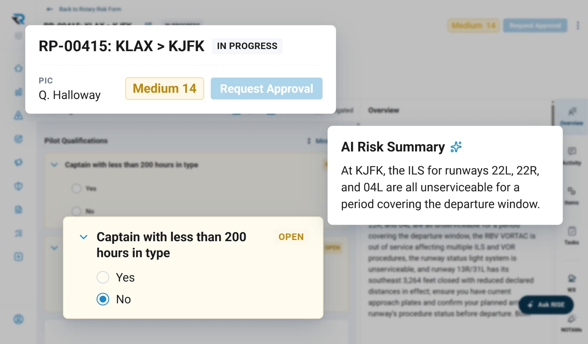 A Los Angeles to New York flight risk assessment after AI analysis: a preliminary score of Medium 14, an AI risk summary noting the ILS approaches out of service at New York, and a pilot qualification question, with approval still to be requested