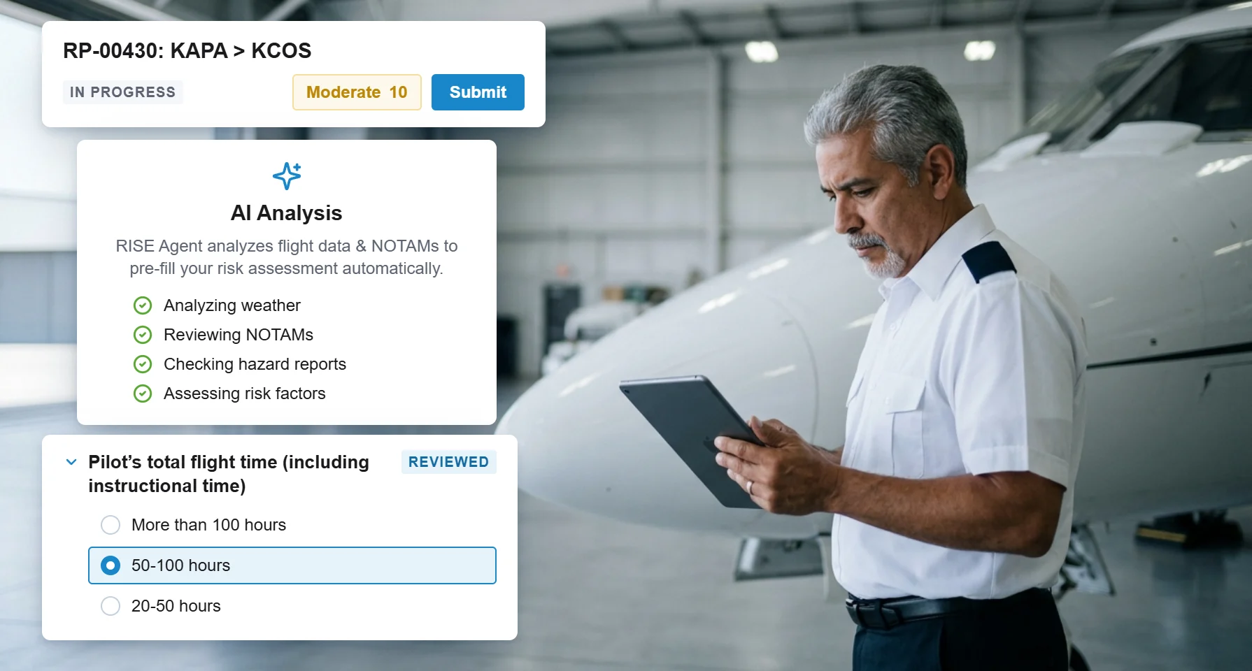 A flight risk assessment in RISE for KAPA to KCOS, with the RISE Agent analyzing weather, NOTAMs, hazard reports and risk factors, and the pilot's flight time answered, beside a pilot reading a tablet next to a business jet in a hangar