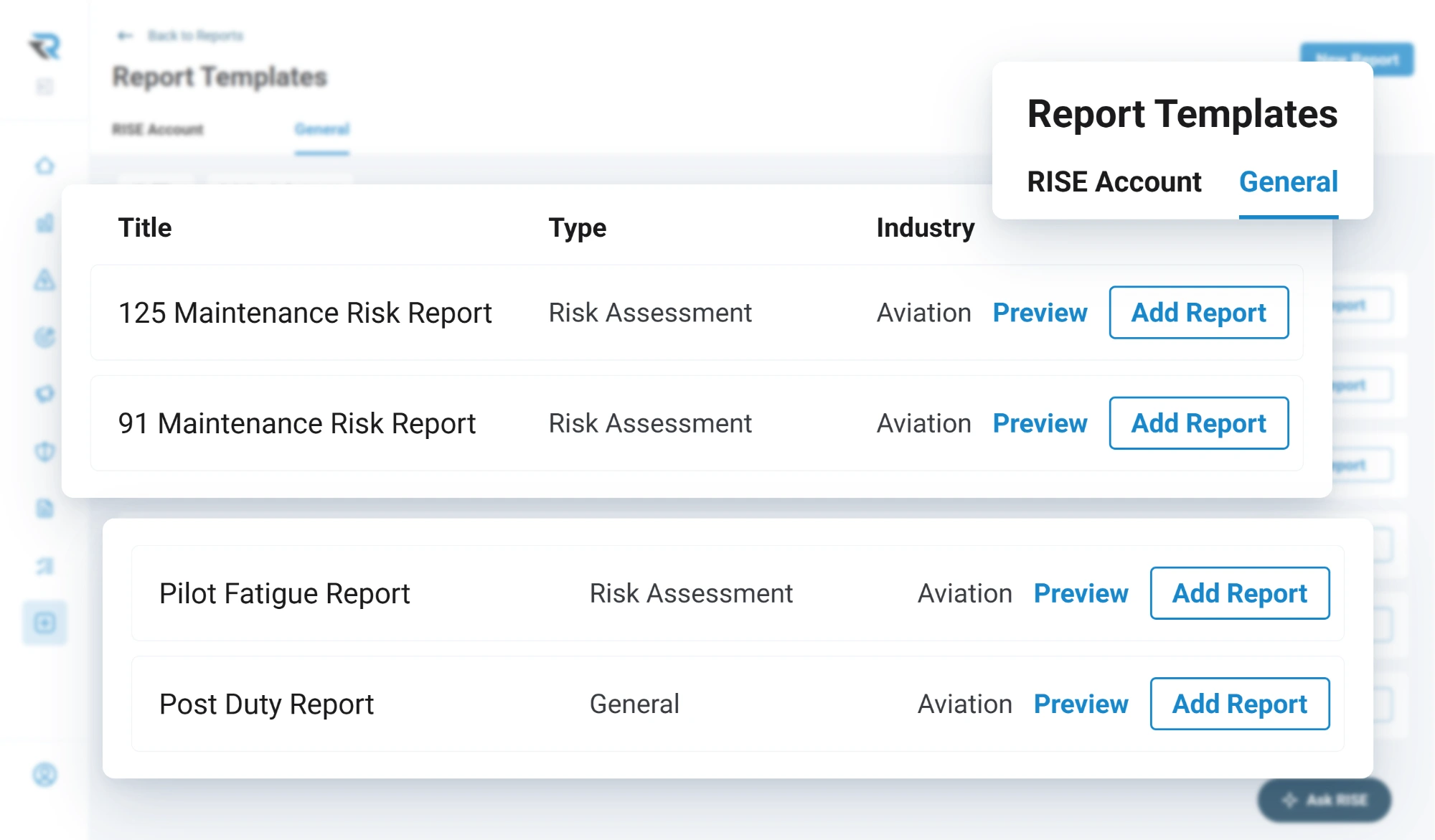 Aviation report templates ready to add to the account: Part 125 and Part 91 maintenance risk reports, a pilot fatigue report and a post duty report, each with a preview