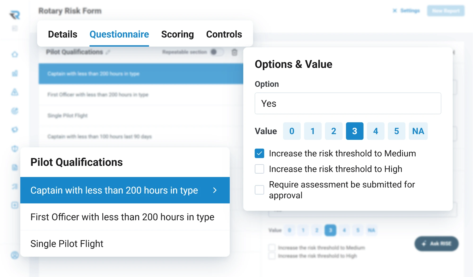 Building a rotary flight risk form: under pilot qualifications, a yes to a captain with less than 200 hours in type is worth 3 points and raises the risk threshold to medium
