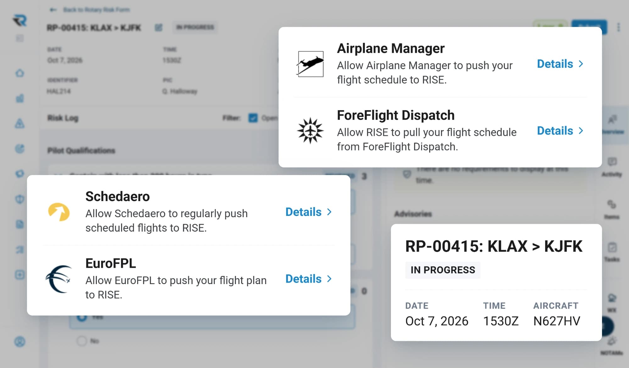 The four scheduling integrations, Airplane Manager, ForeFlight Dispatch, Schedaero and EuroFPL, beside a Los Angeles to New York trip that arrived with its flight risk assessment already in progress
