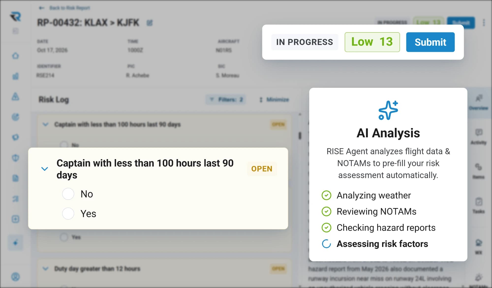 A KLAX to KJFK flight risk assessment in progress at a preliminary Low 13, with the AI analysis working through weather, NOTAMs and hazard reports, and a pilot qualification question still open for the crew