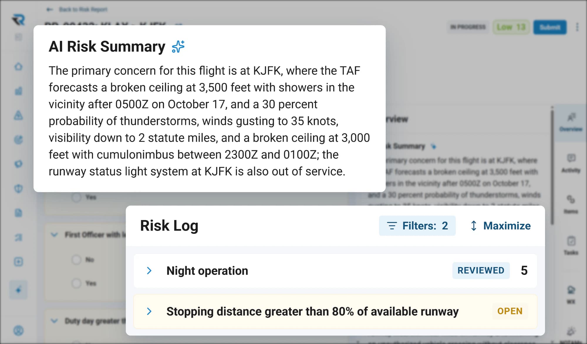 The AI risk summary on a KLAX to KJFK flight risk assessment, describing the forecast ceiling, thunderstorm probability and gusts at KJFK and the runway status lights out of service, above the risk log with one item reviewed and one still open