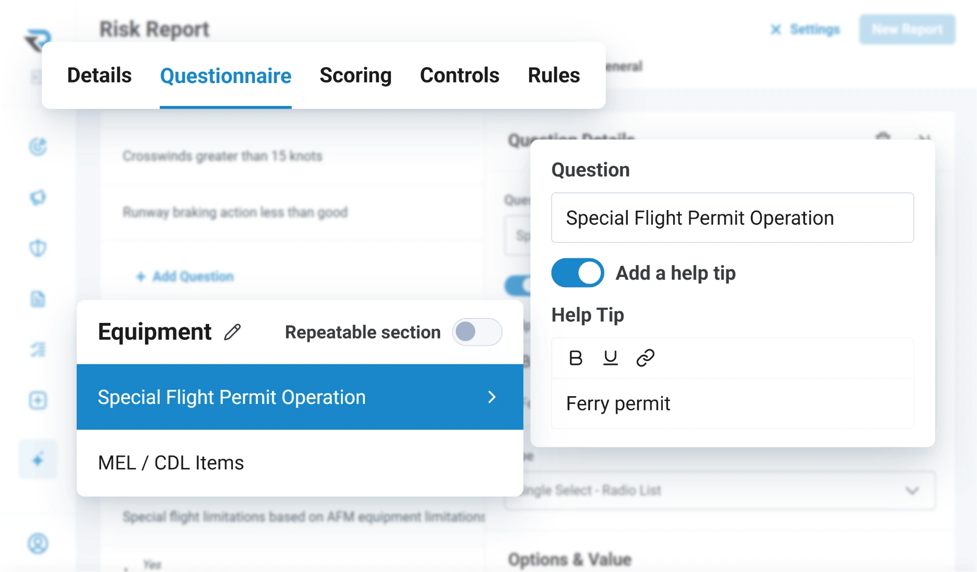 An operator's flight risk assessment form in the RISE builder, with a Special Flight Permit Operation question they added to the Equipment section and a help tip explaining it means a ferry permit