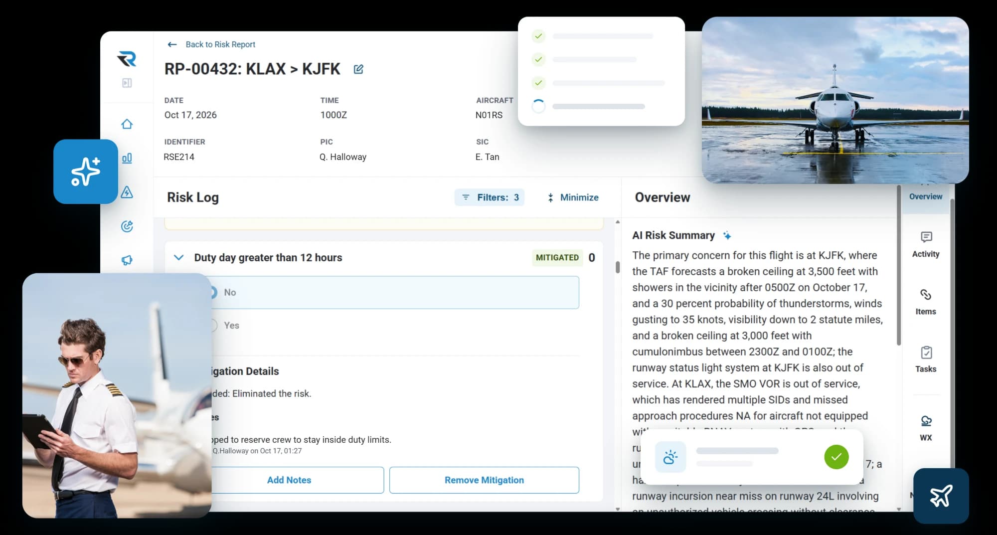 A KLAX to KJFK flight risk assessment in RISE after AI analysis, with an AI risk summary of the weather and NOTAMs at both ends and a duty day item the pilot mitigated by swapping to a reserve crew, beside a business jet on a wet ramp and a captain checking a tablet