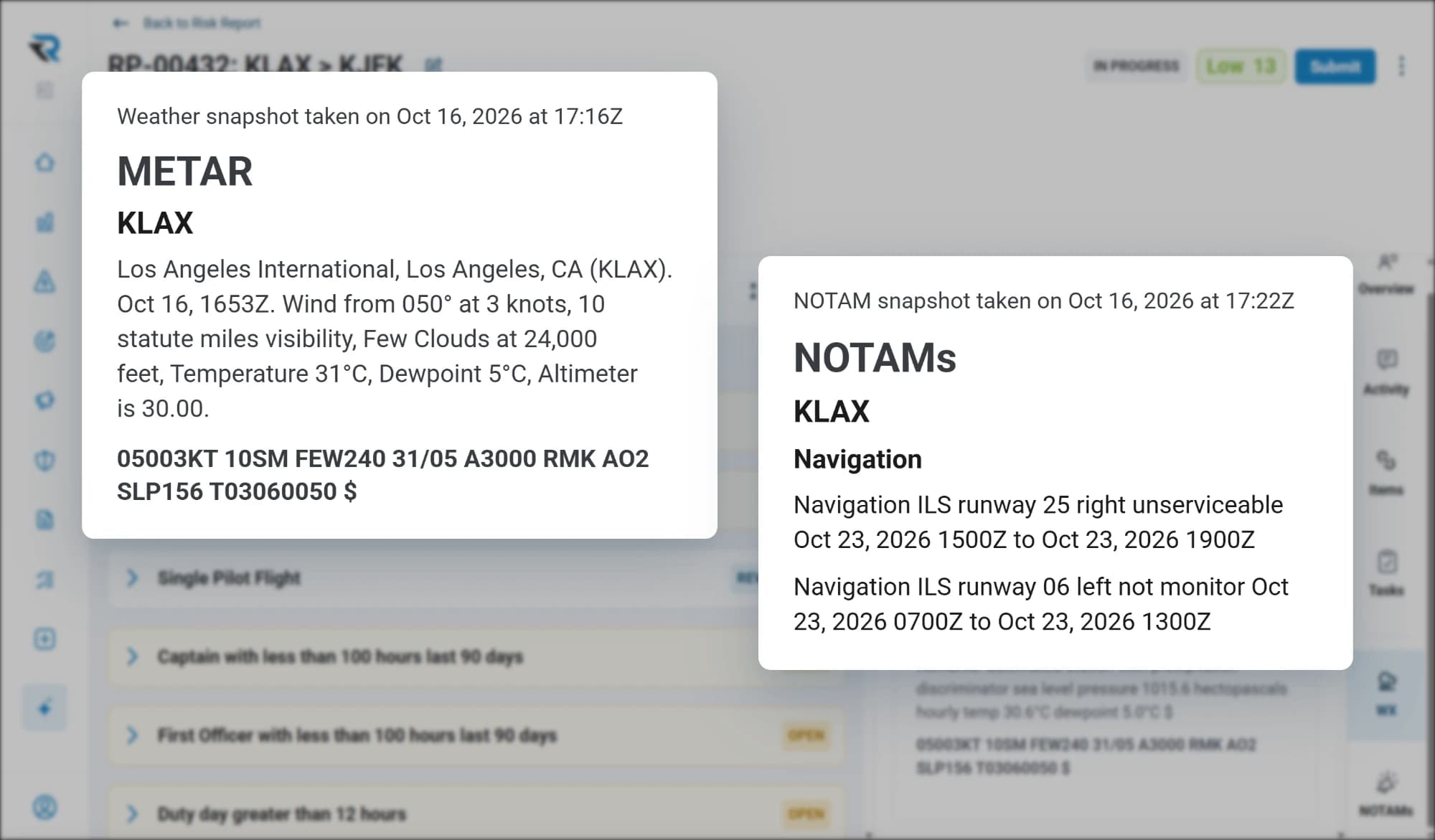 The weather and NOTAM snapshots on a KLAX to KJFK flight risk assessment: the KLAX METAR decoded into plain language beside its raw report, and KLAX navigation NOTAMs for ILS outages