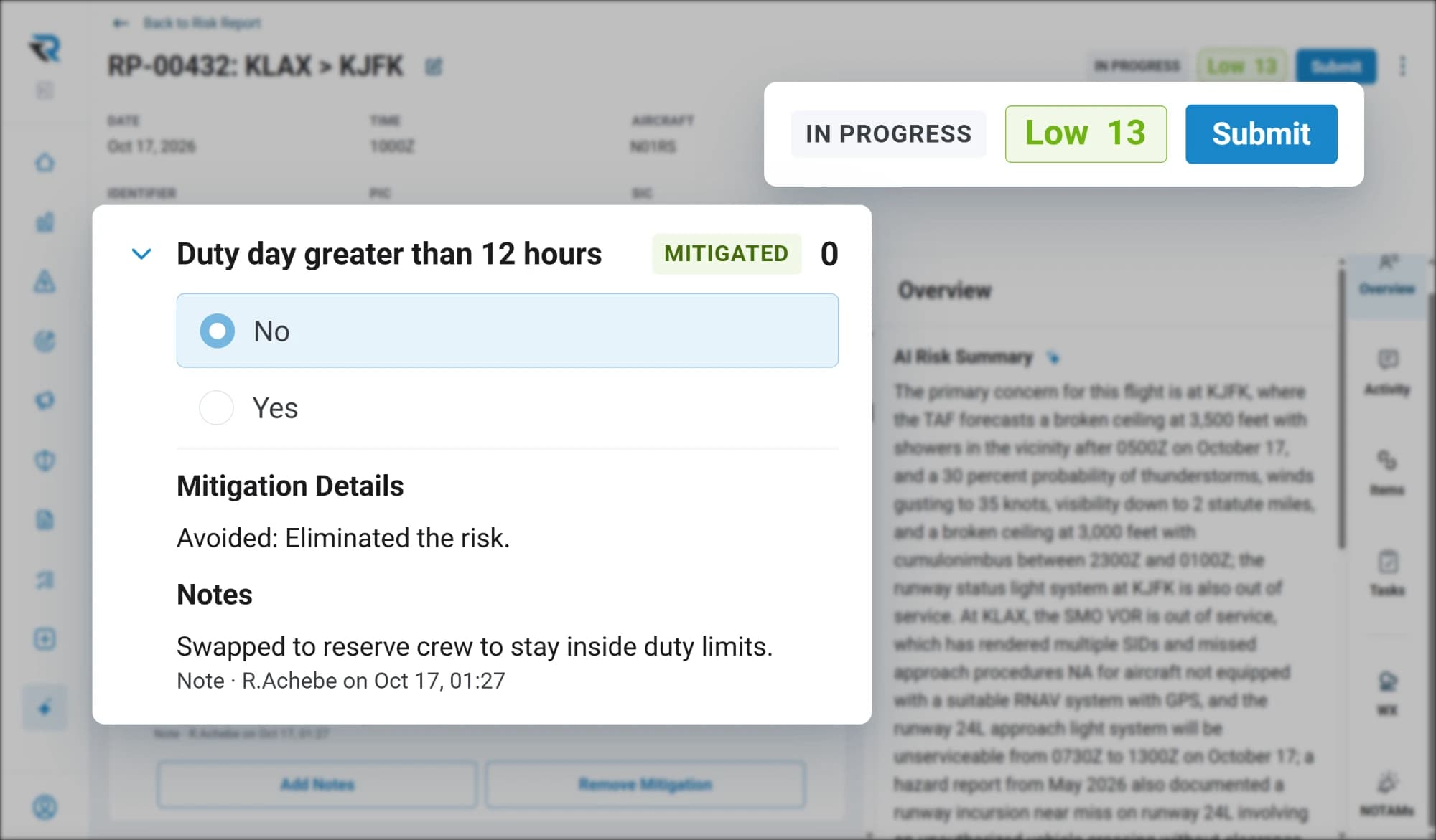 A KLAX to KJFK flight risk assessment still in progress at a preliminary Low 13 with Submit waiting, and a duty day item the pilot has mitigated by swapping to a reserve crew, with their note
