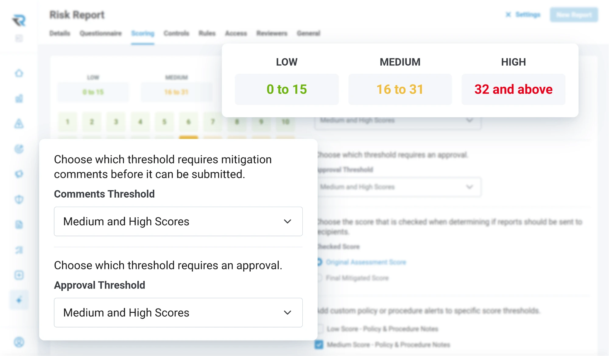 The Scoring settings on a flight risk assessment form in RISE: Low from 0 to 15, Medium from 16 to 31 and High at 32 and above, with mitigation comments and approval both required for Medium and High scores