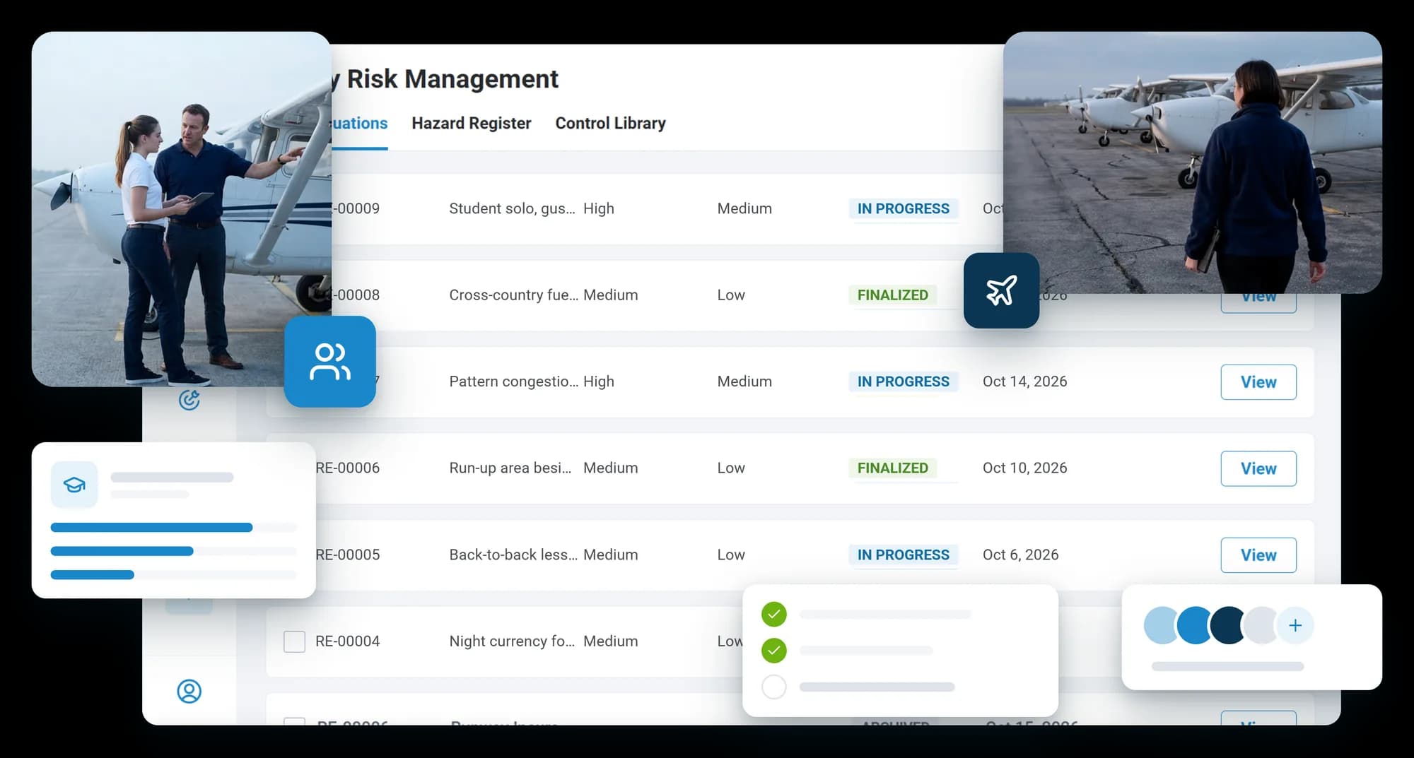 Risk evaluations in RISE for a flight school, including a student solo in gusts, cross-country fuel planning, pattern congestion, the run-up area, back-to-back lessons and night currency, beside an instructor briefing a student at a trainer and a student walking the flight line