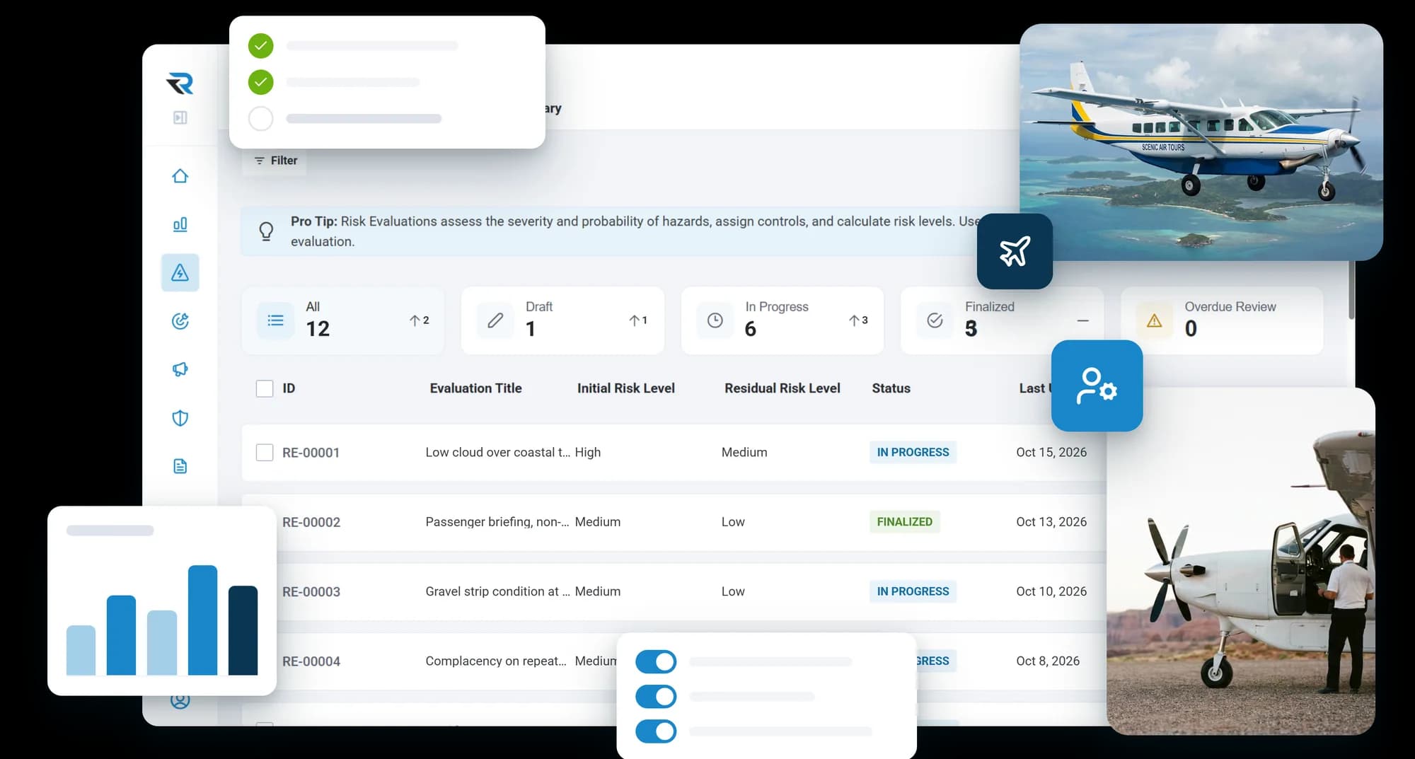 Risk evaluations in RISE for an air tour operation, including low cloud over a coastal route, a passenger briefing, a gravel strip and complacency on a repeat route, beside a tour aircraft over islands and a pilot boarding on a desert strip