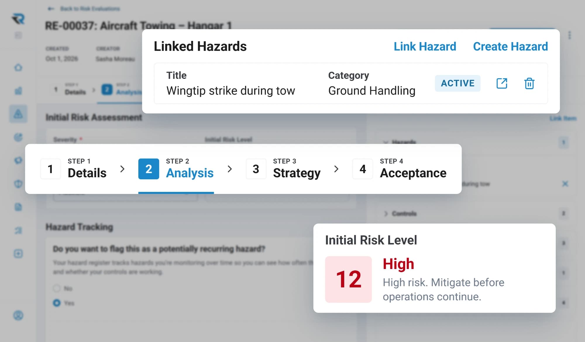 A risk evaluation in RISE for aircraft towing at its analysis step, linked to a wingtip strike hazard and scored at a High initial risk level of 12