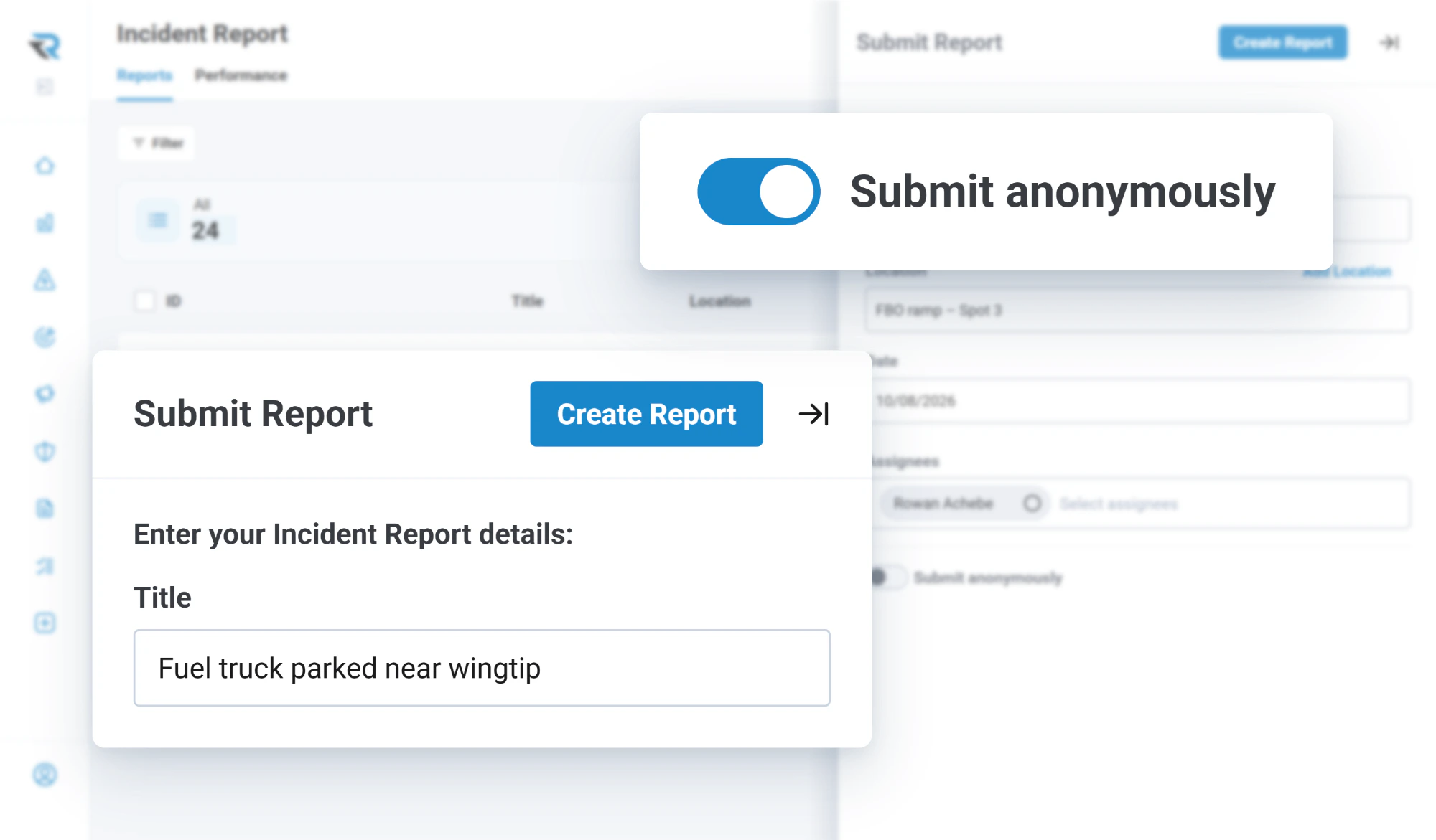 An incident report being submitted in RISE about a fuel truck parked near a wingtip, with the submit anonymously toggle switched on