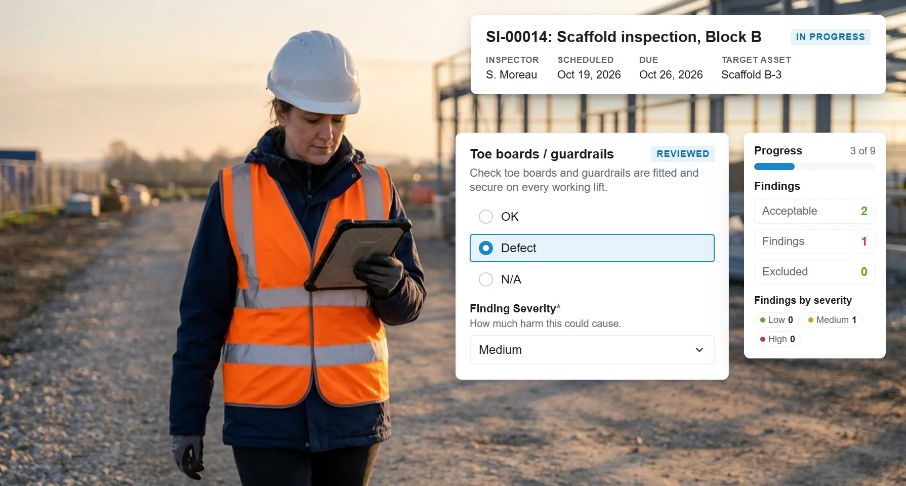 A scaffold inspection in progress in RISE for Block B, with a toe board and guardrail item marked as a medium defect and the findings so far, beside a site supervisor in a hard hat and hi-vis reading a tablet on a construction site at sunrise