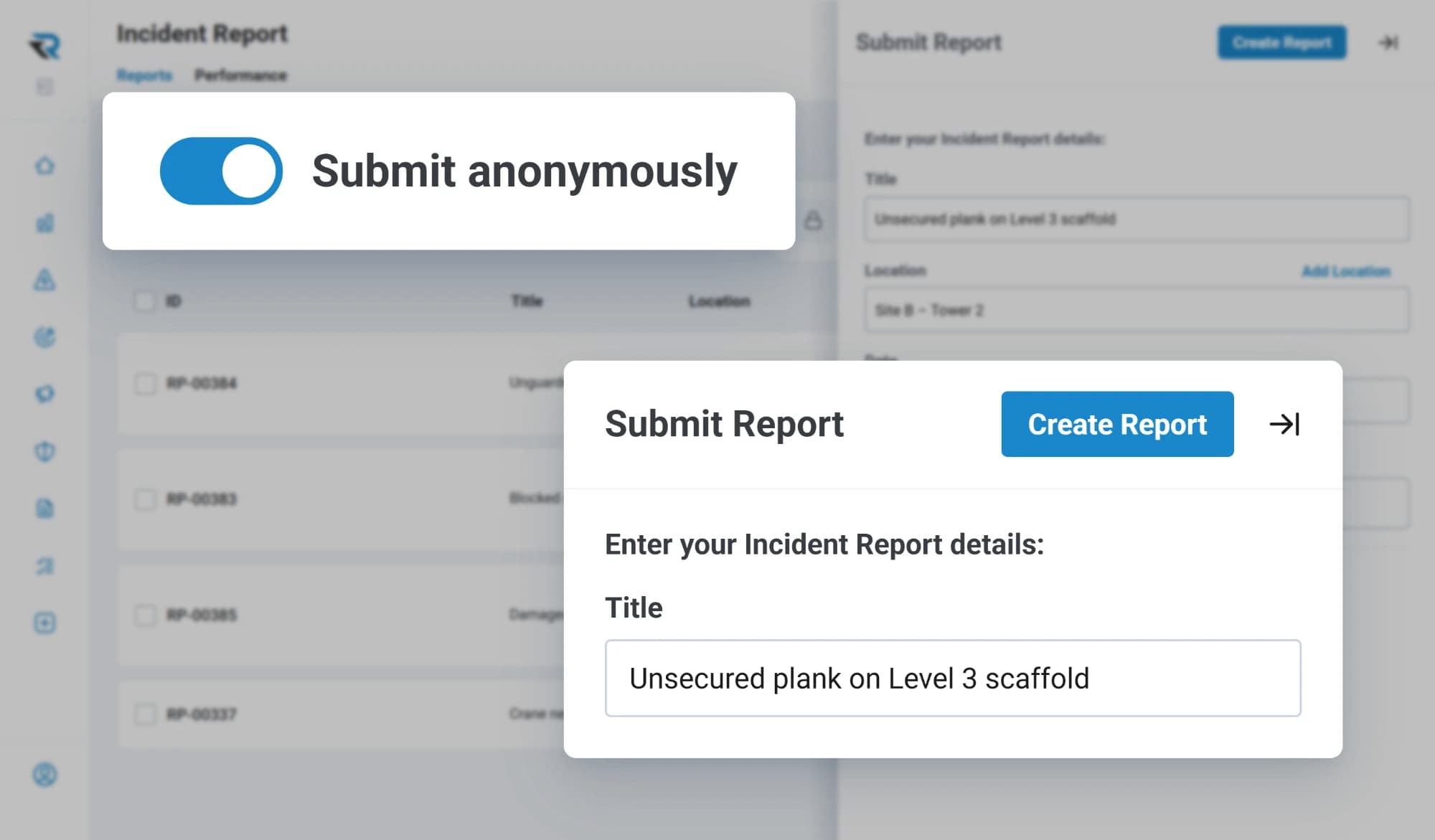 Submitting an incident report titled Unsecured plank on Level 3 scaffold, with the Submit anonymously toggle switched on