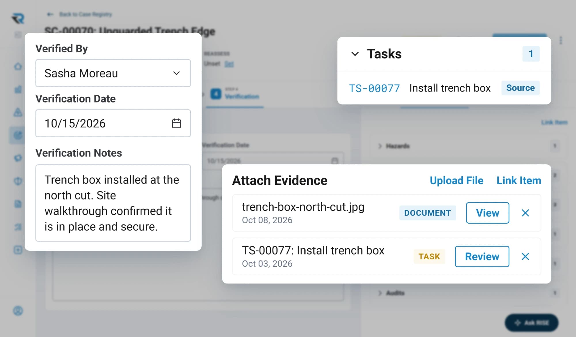 Verifying the fix for a trench hazard: verified by Sasha Moreau with a date and a note that the trench box was installed and confirmed secure on a site walkthrough, with a photo of it and the install task attached as evidence