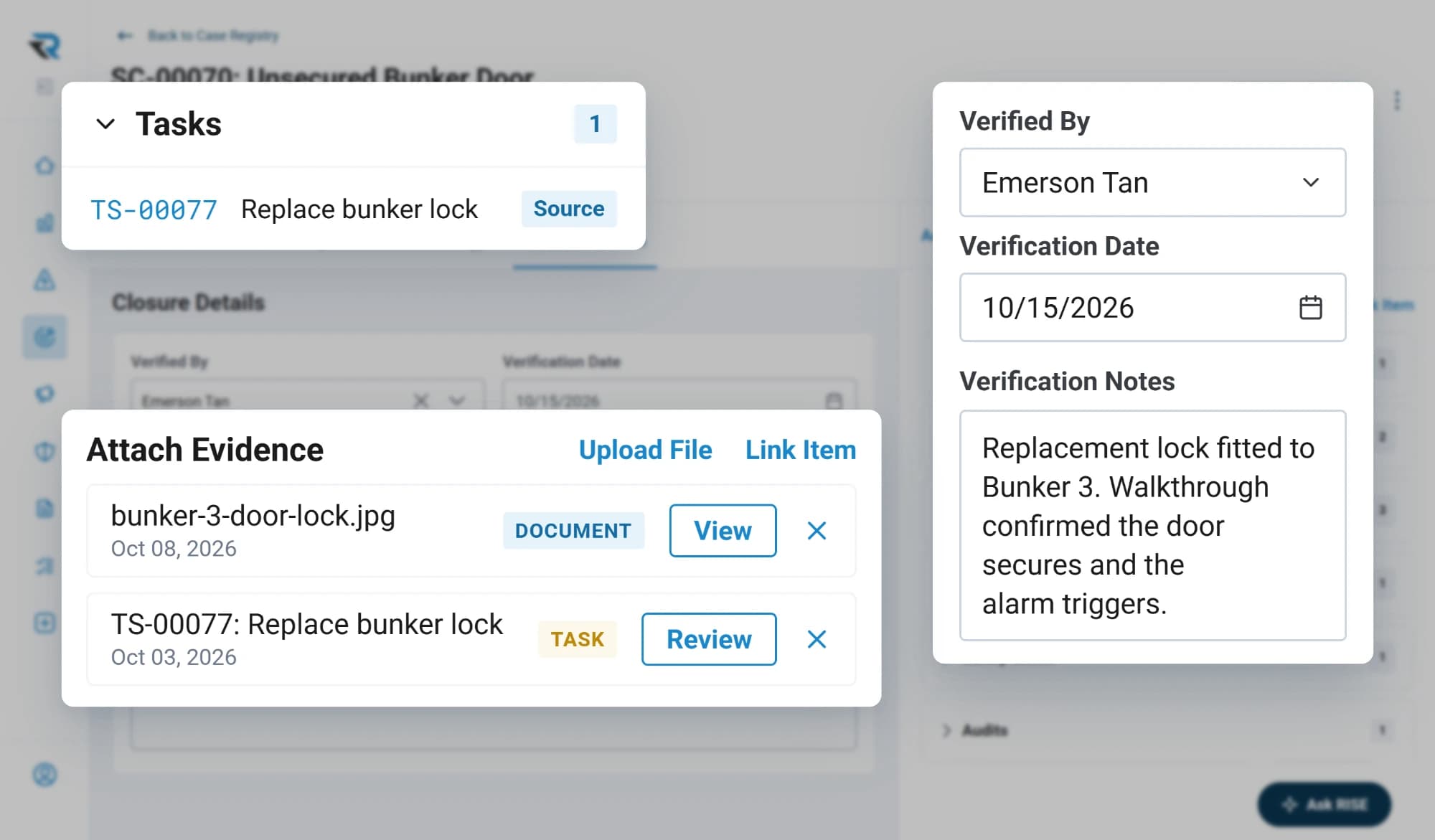 Verifying the fix for an unsecured bunker door: verified by Emerson Tan with a date and a note that the replacement lock was fitted and the alarm triggers, with a photo of the lock and the replacement task attached as evidence
