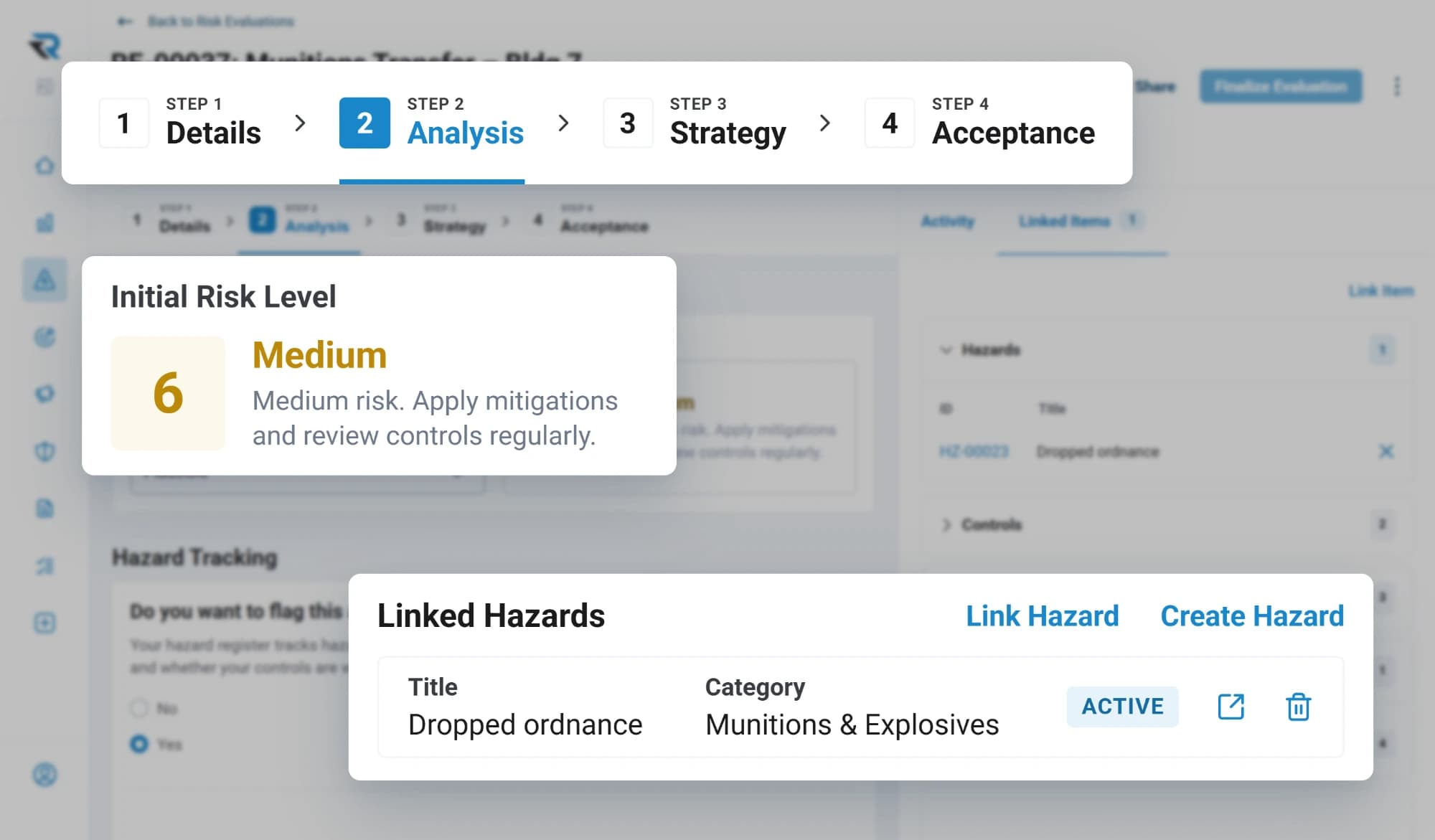 A munitions transfer risk evaluation at its analysis step, with an initial risk level of Medium 6 and the linked hazard of dropped ordnance