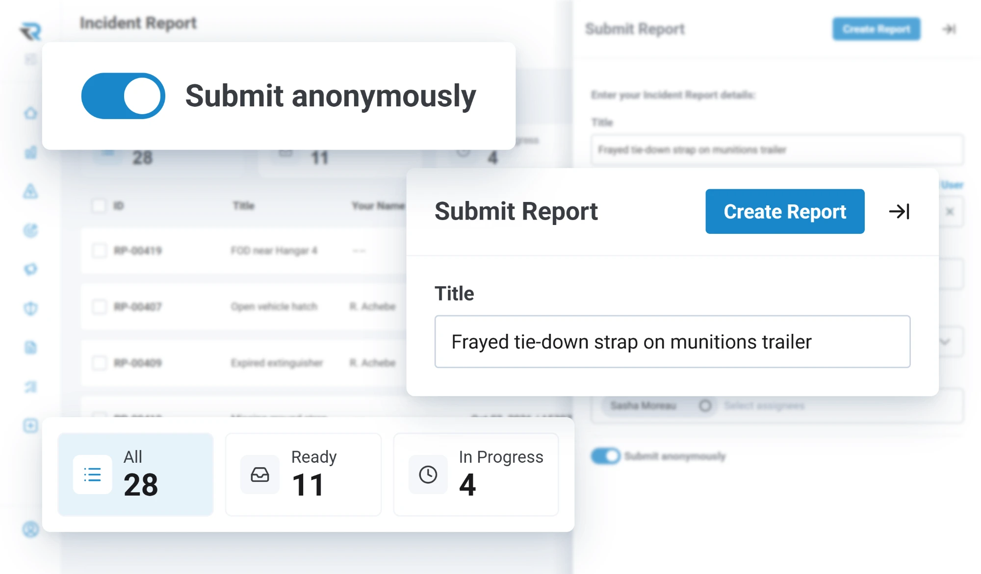 Submitting an incident report titled Frayed tie-down strap on munitions trailer, with the Submit anonymously toggle switched on and the report counts for all, ready and in progress