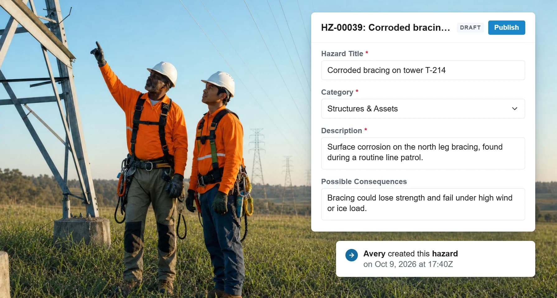 A draft hazard report in RISE titled Corroded bracing on tower T-214, under Structures and Assets, with its description and possible consequences, beside two line workers in hard hats and fall arrest harnesses pointing up at a transmission tower