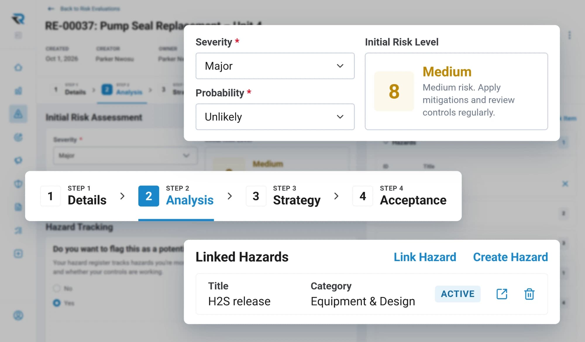 A pump seal replacement risk evaluation at its analysis step: severity Major and probability Unlikely give an initial risk level of Medium 8, with the linked hazard of an H2S release